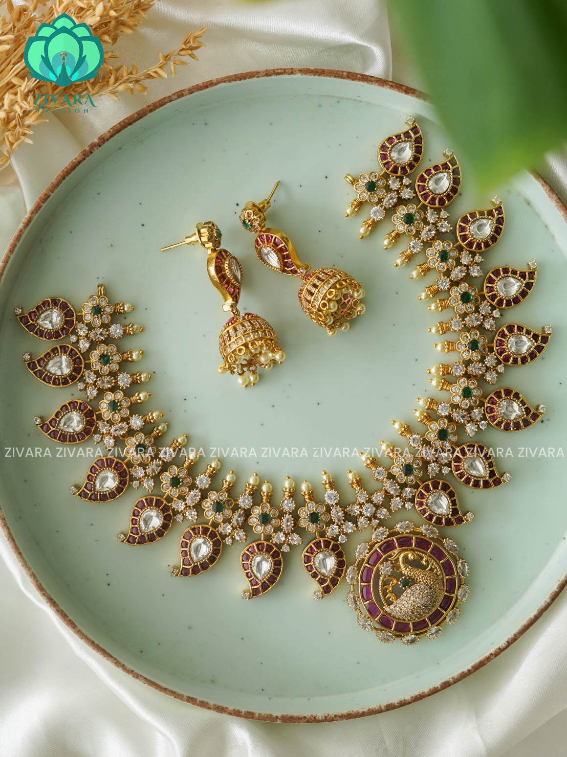 Bridal Stone mango neckwear with earrings- Premium quality Traditional neckwear from Zivara Fashion- latest jewellery design