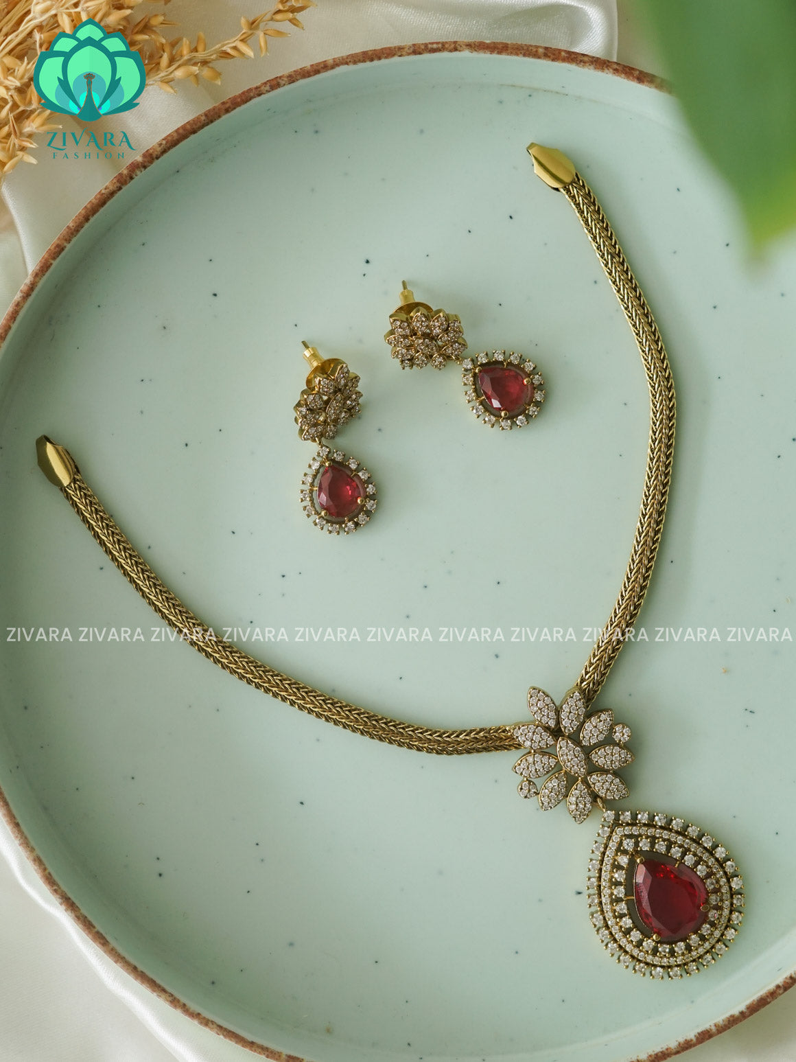 RUBY- BIG SIZE TEAR PENDANT- Traditional south indian NORMAL MATTE neckwear with earrings - Zivara Fashion