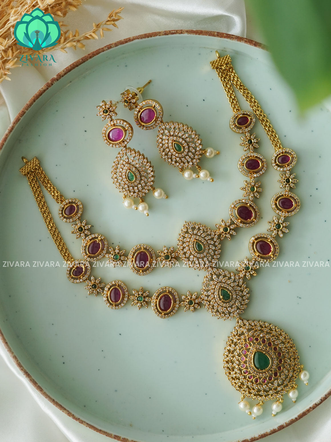 EXUBERANT BRIDAL REAL KEMP NECK WEAR WITh EARRINGS   - Premium quality CZ Matte collection-south indian jewellery