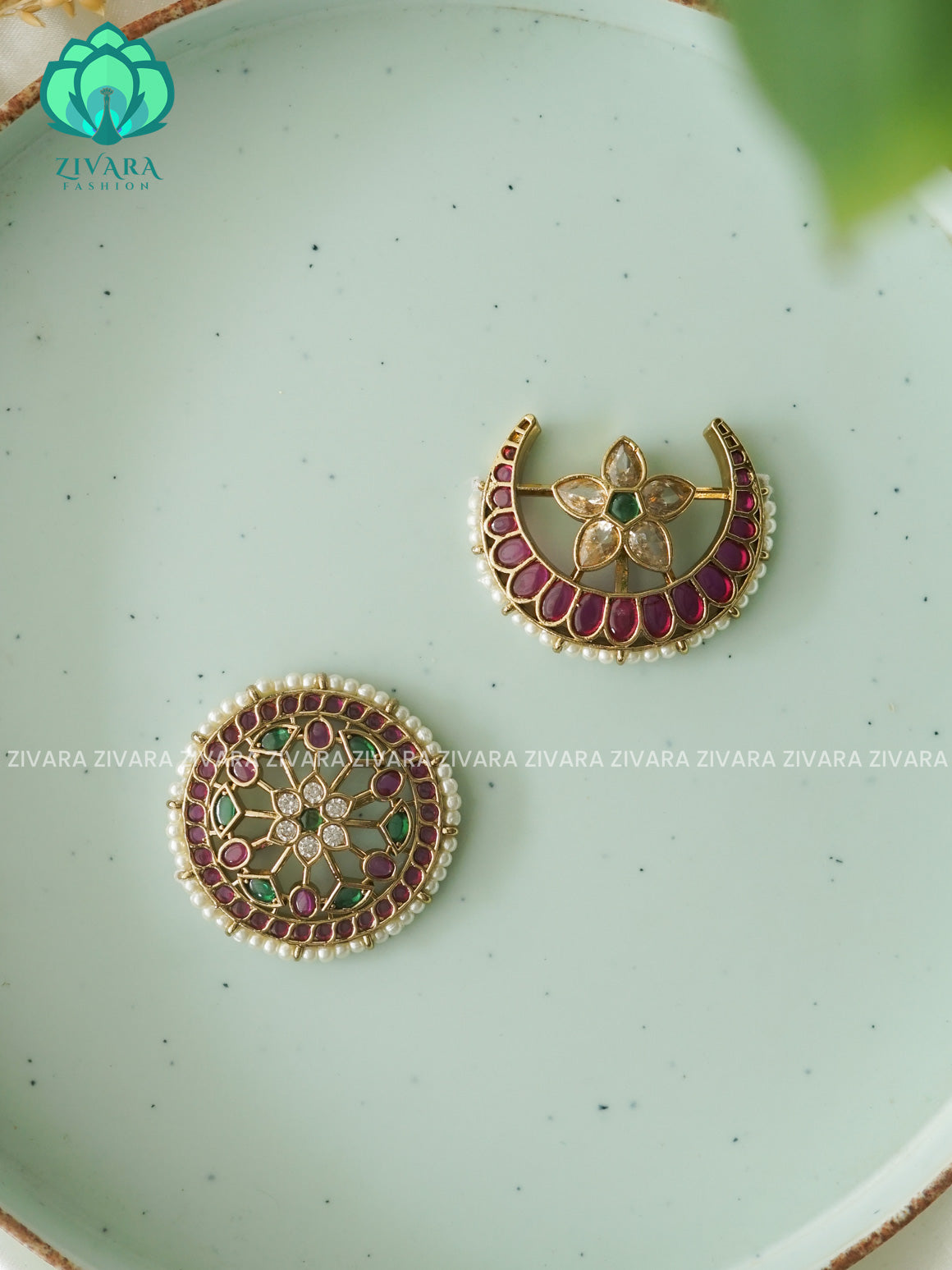 RUBY and GREEN -SUN MOON - SURYA CHANDRA - TRADITIONAL(2.5 INCHES) REAL KEMP  HAIR ACCESSORIES- ZIVARA FASHION