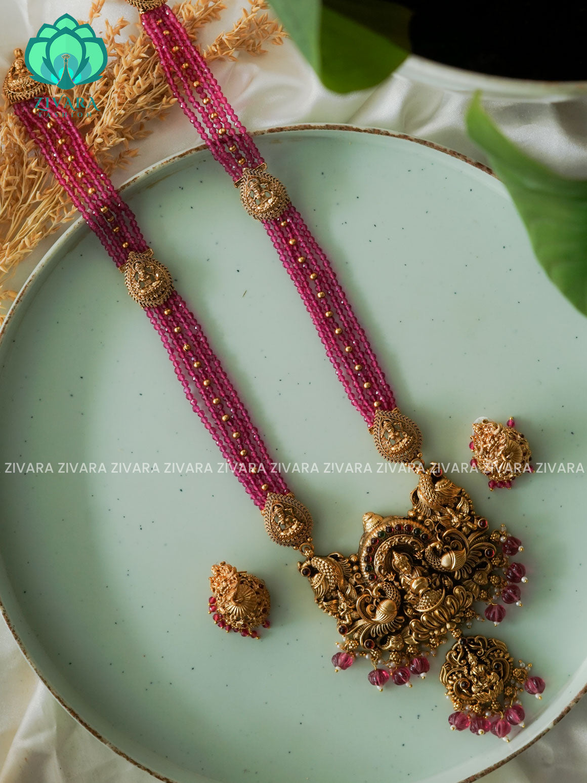 RUBY beads TEMPLE haaram long neckwear with earrings- NORMAL  Matte Finish- Zivara Fashion