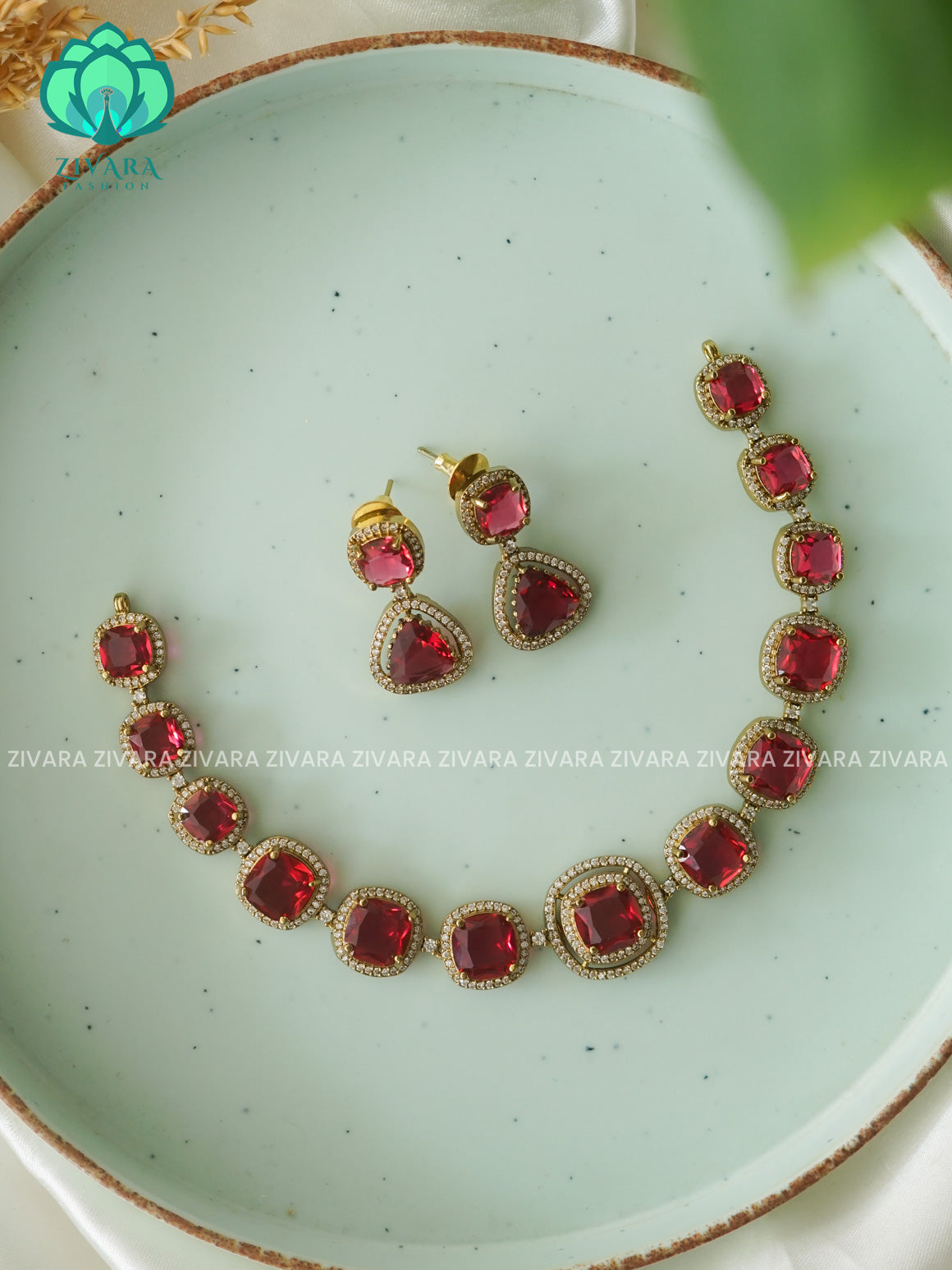 RUBY Stone square  - GOLD POLISH stylish and minimal elegant neckwear with earrings- Zivara Fashion