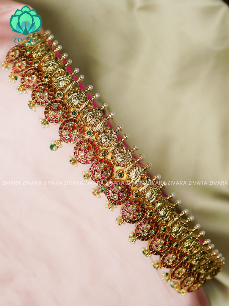 green beads - DHRUVA- MATTE TEMPLE STYLE (31 TO 37 INCHES  ) Latest South indian budget friendly hipbelt collection- Zivara Fashion