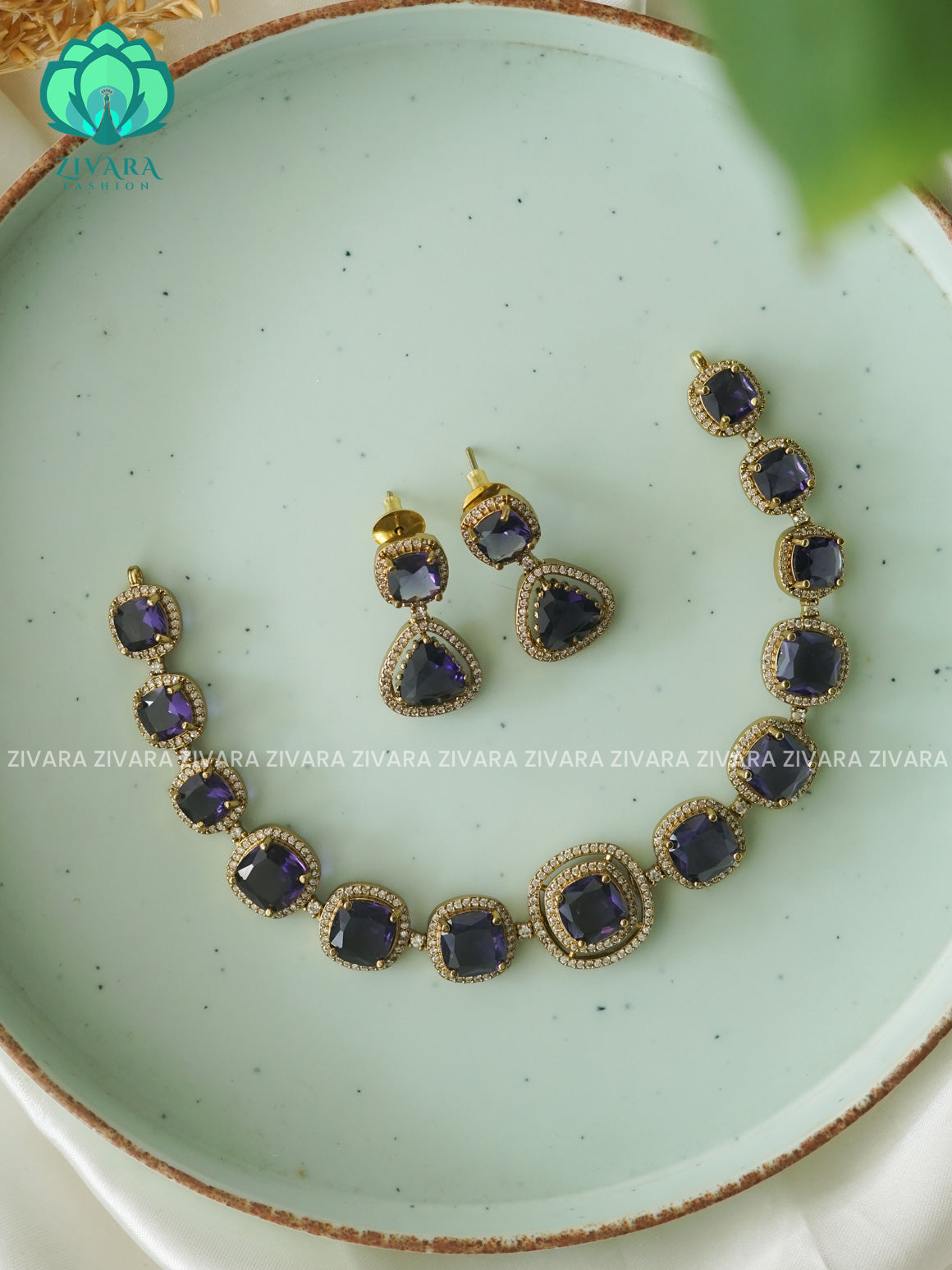 PURPLE Stone square  - GOLD POLISH stylish and minimal elegant neckwear with earrings- Zivara Fashion