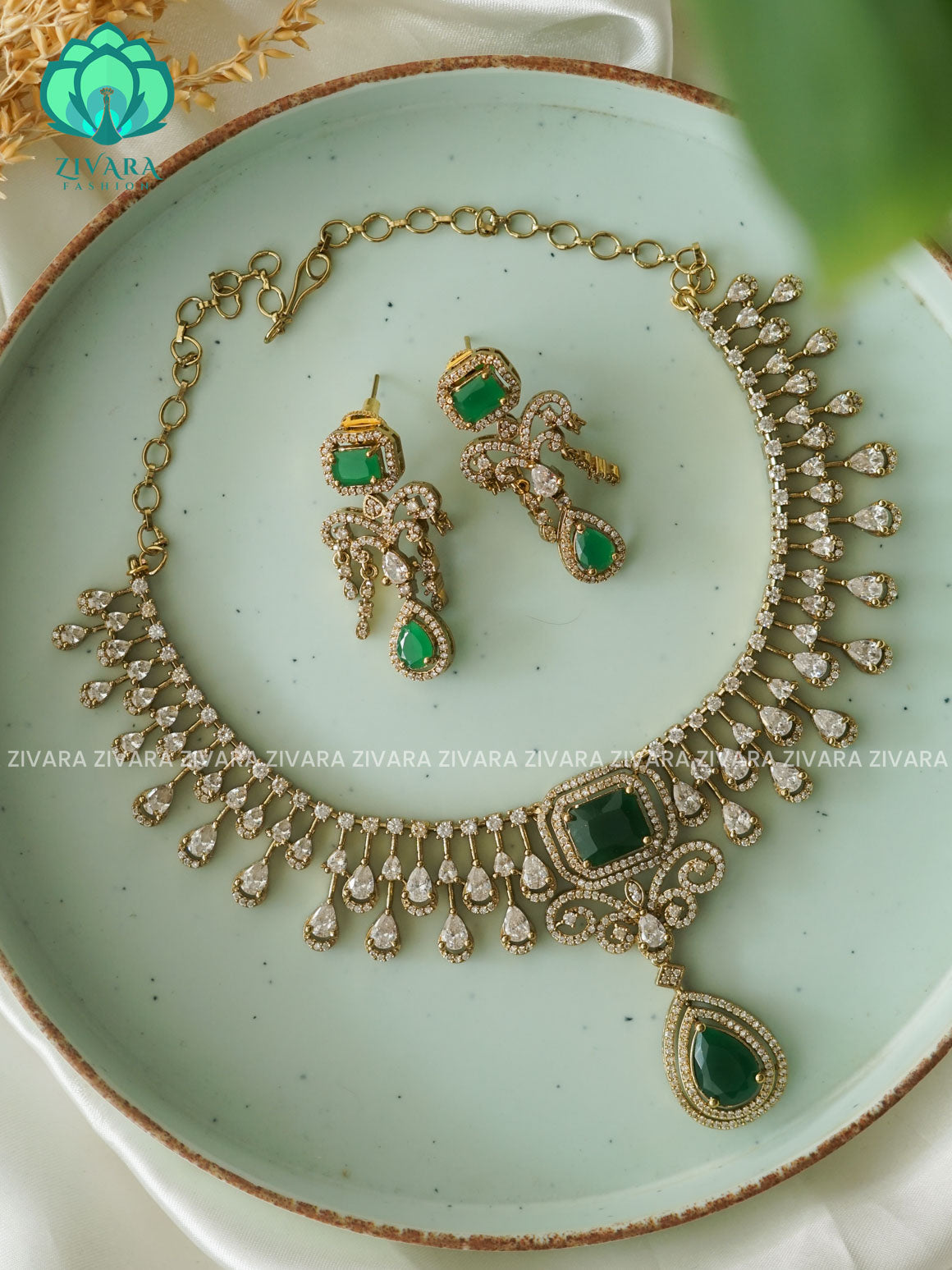 GREEN TEAR BRIDAL   - stylish and minimal elegant neckwear with earrings- Zivara Fashion