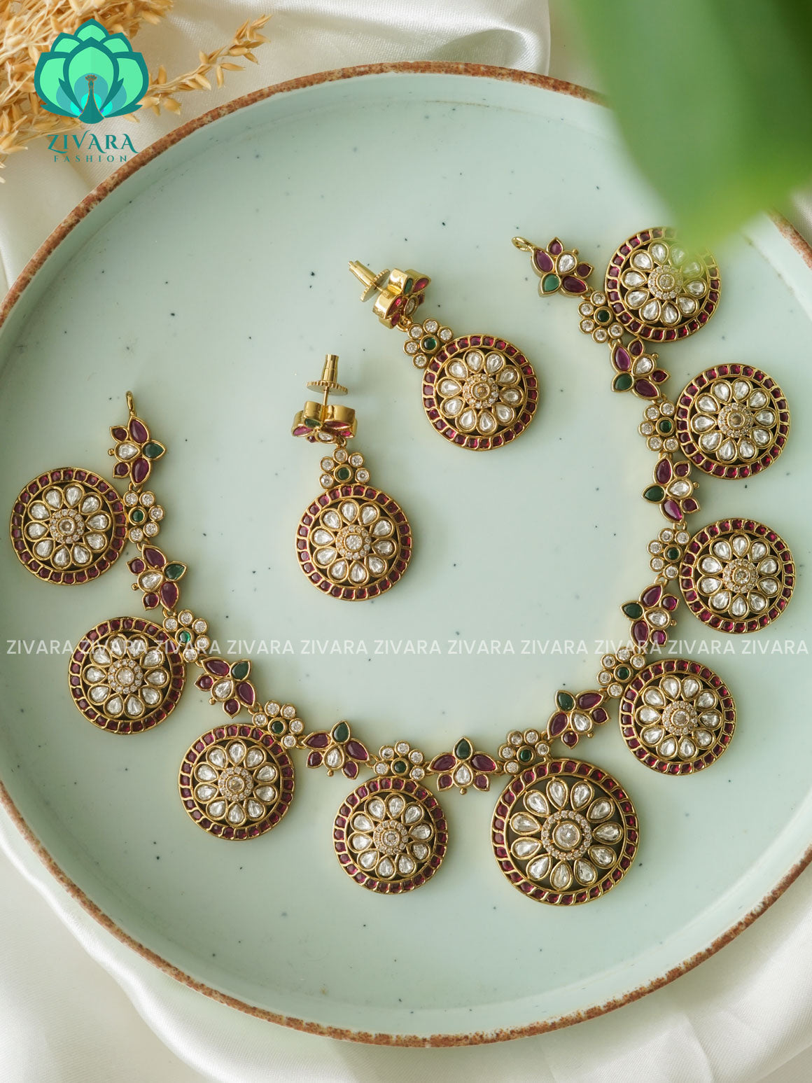 ROUND BUTTA REAL KEMP NECKLACE-Traditional south indian premium neckwear with earrings- Zivara Fashion- latest jewellery design. (Copy)