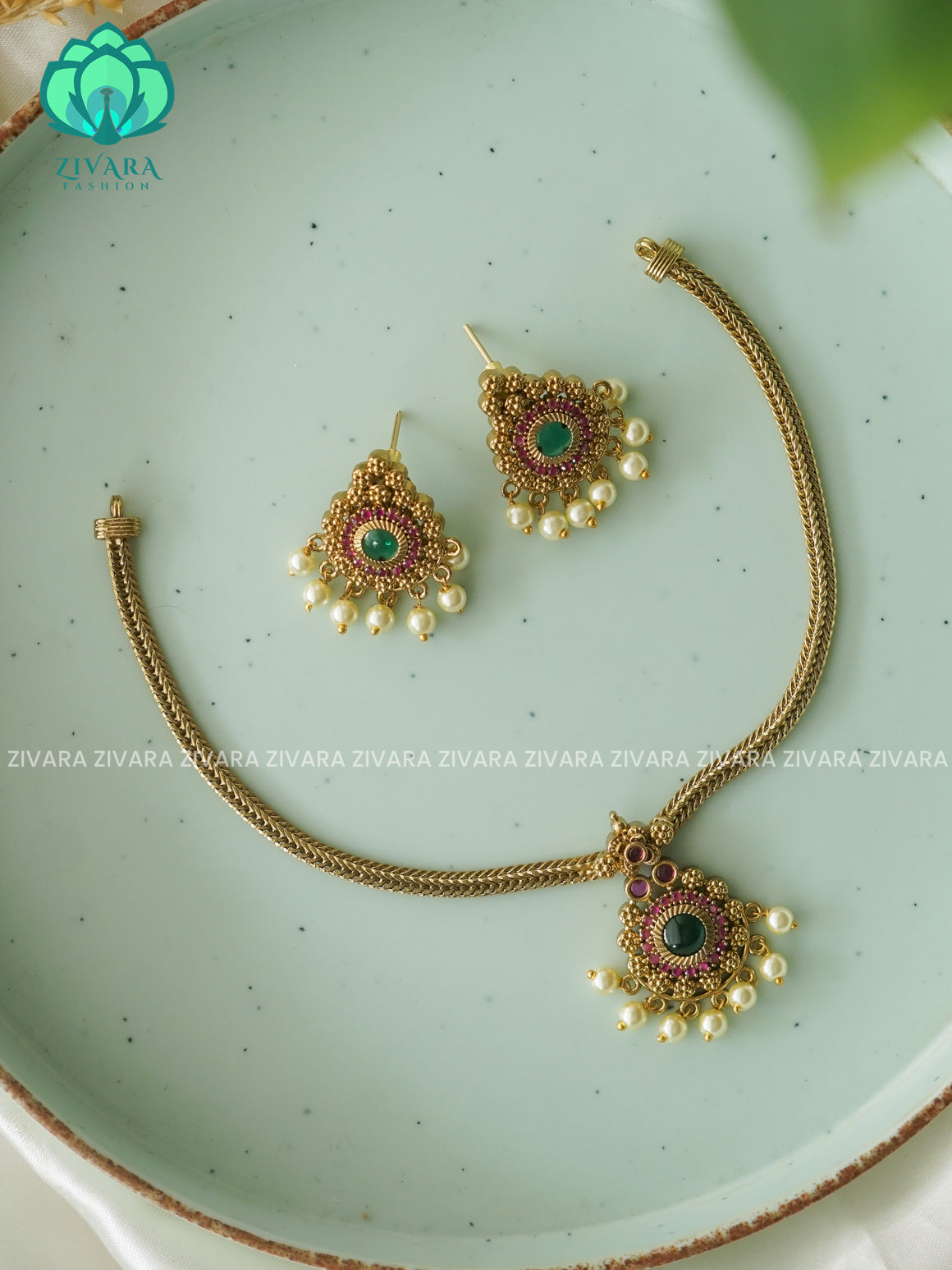 ANANYA SERIES - GREEN PALAKKA Flexible chain- Traditional south indian NORMAL MATTE neckwear with earrings - Zivara Fashion