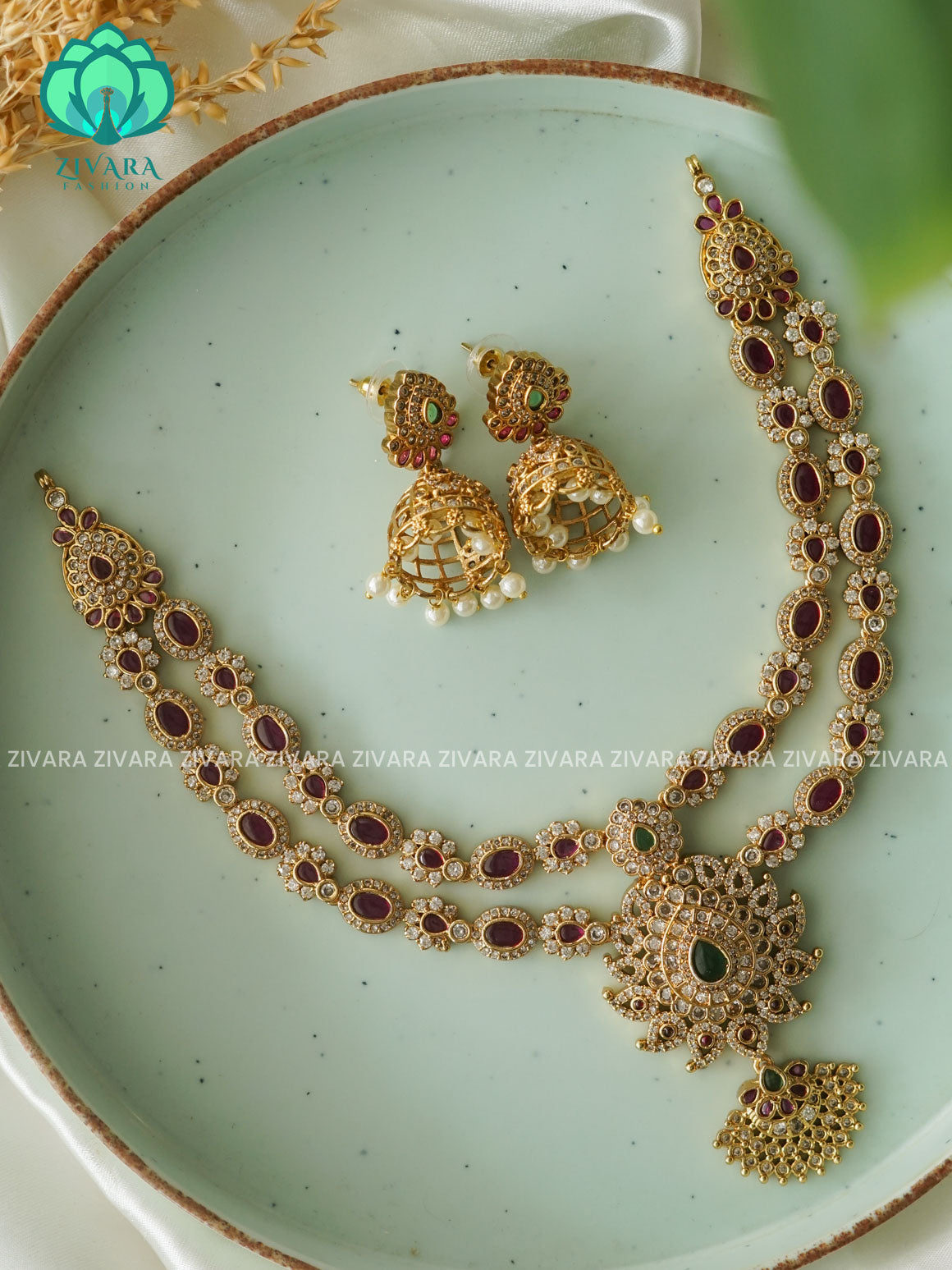 EXUBERANT BRIDAL REAL KEMP NECK WEAR WITh EARRINGS   - Premium quality CZ Matte collection-south indian jewellery