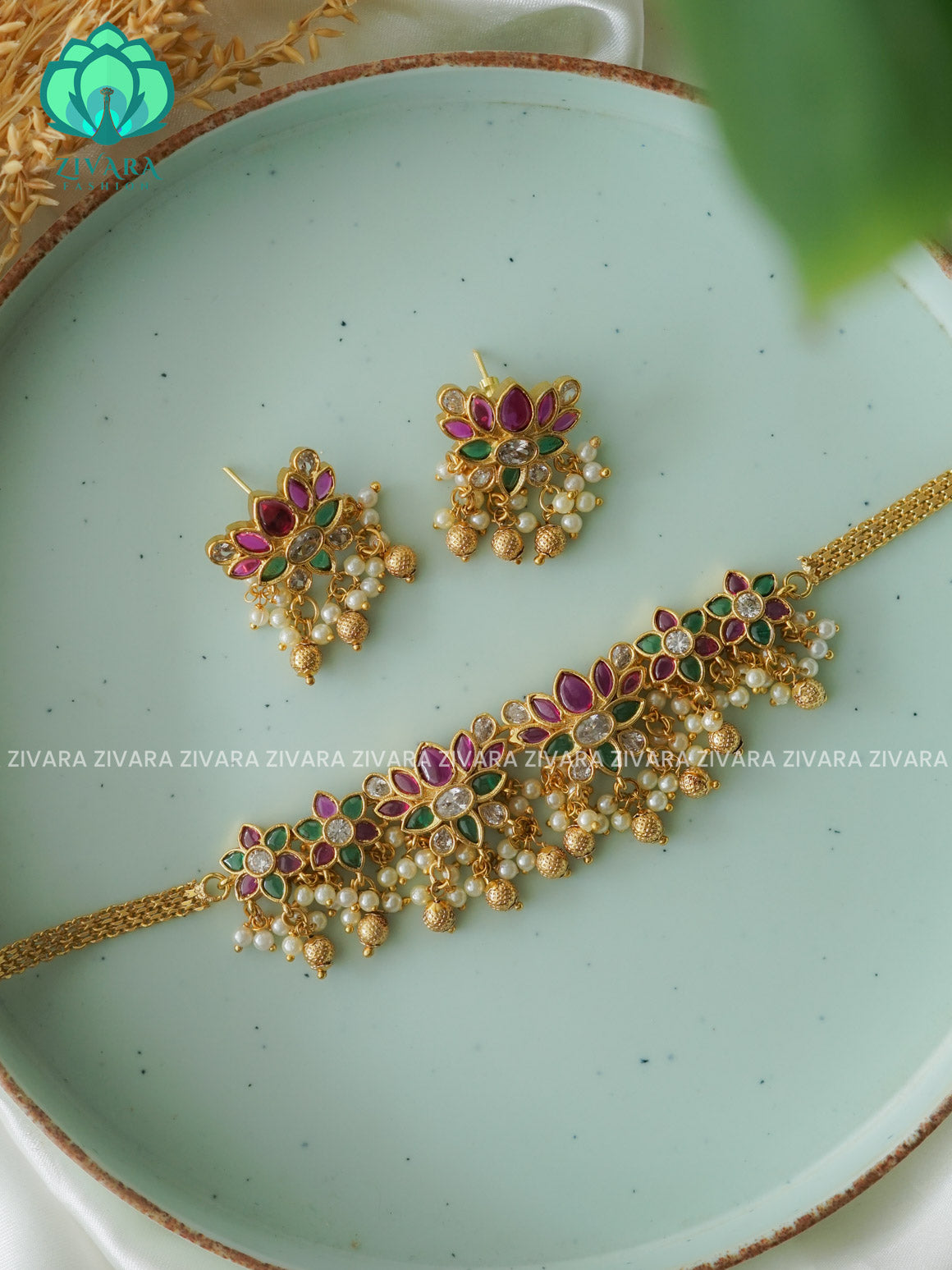 Real kemp LOTUS choker- CZ matte finish- Zivara Fashion
