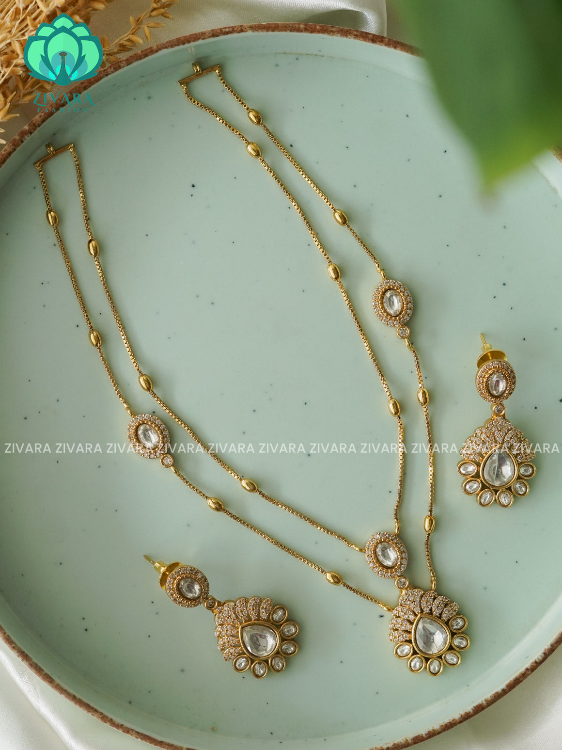 WHITE DOUBLE LAYER PEACOCK THIN CHAIN  -Traditional south indian premium neckwear with earrings- Zivara Fashion- latest jewellery design
