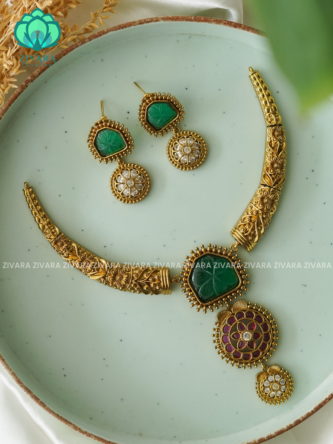 TRENDING GREEN STONE HASLI  - Premium quality CZ Matte collection-south indian jewellerY