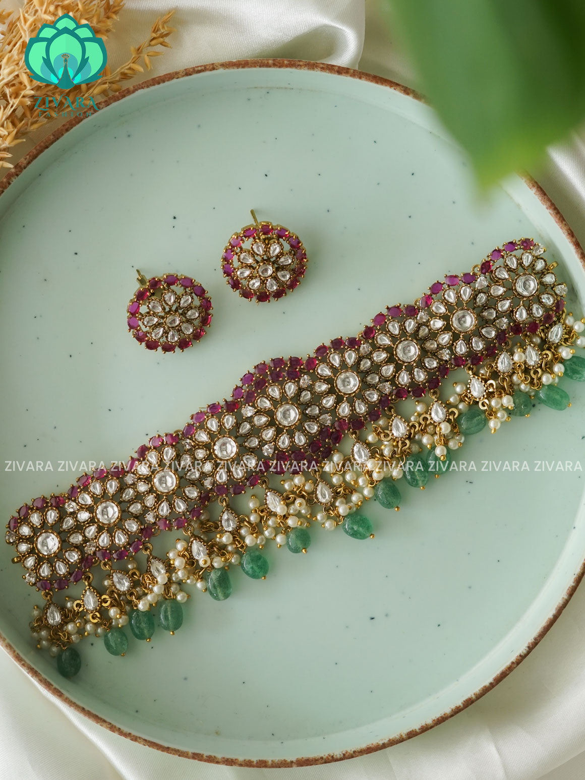 BRIDAL MOZANITE CHOKER -TRADITIONAL CHOKER COLLECTION WITH EARRINGS- LATEST JEWELLERY COLLECTION