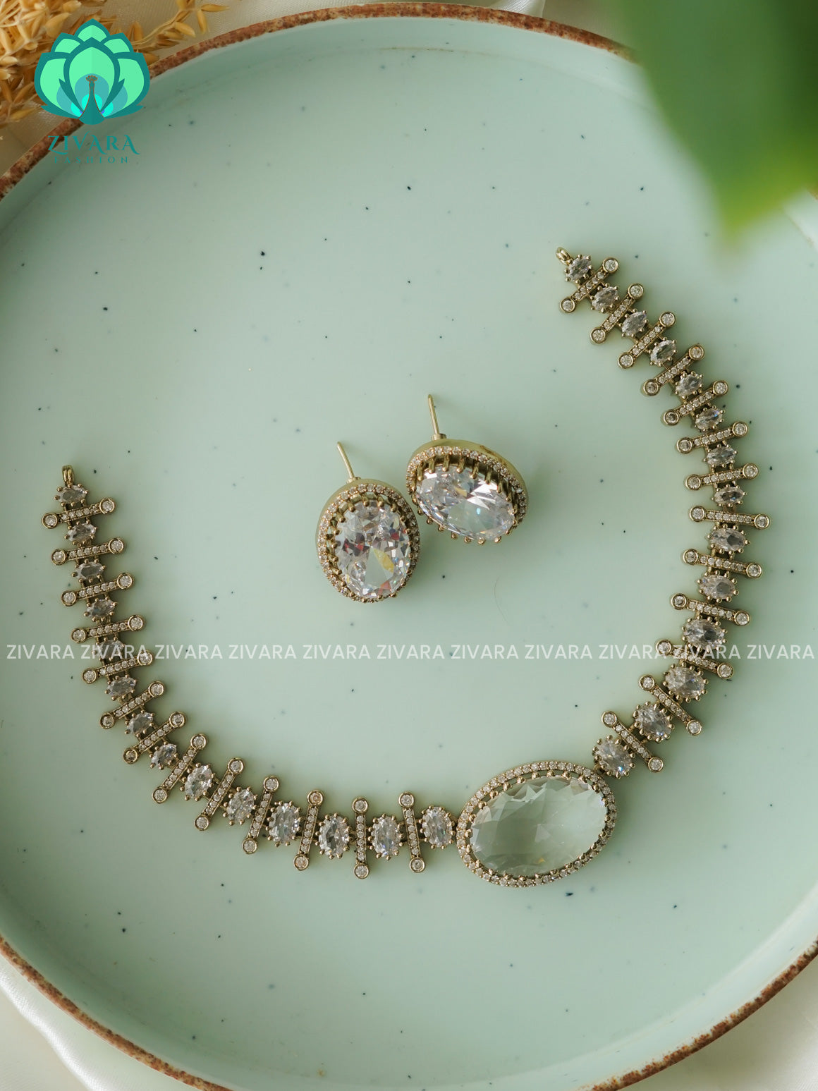WHITE  - OVAL STONE ELEGANT  -PREMIUM SUBTLE GOLD FINISH  stylish and minimal elegant neckwear with earrings- Zivara Fashion