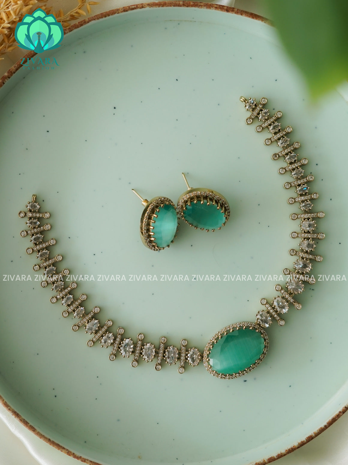 PASTEL GREEN - OVAL STONE ELEGANT  -PREMIUM SUBTLE GOLD FINISH  stylish and minimal elegant neckwear with earrings- Zivara Fashion