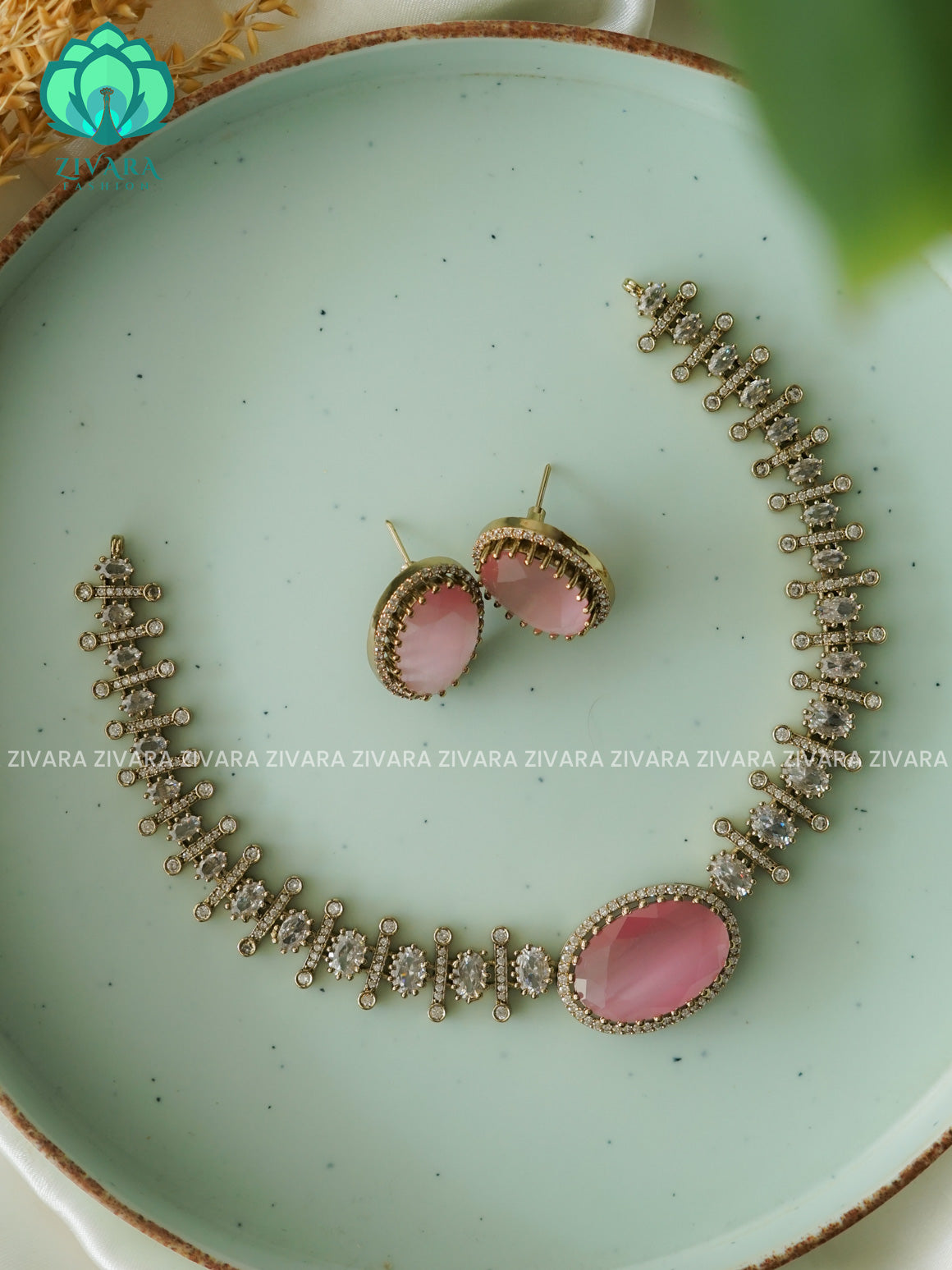 PASTEL PINK - OVAL STONE ELEGANT  -PREMIUM SUBTLE GOLD FINISH  stylish and minimal elegant neckwear with earrings- Zivara Fashion