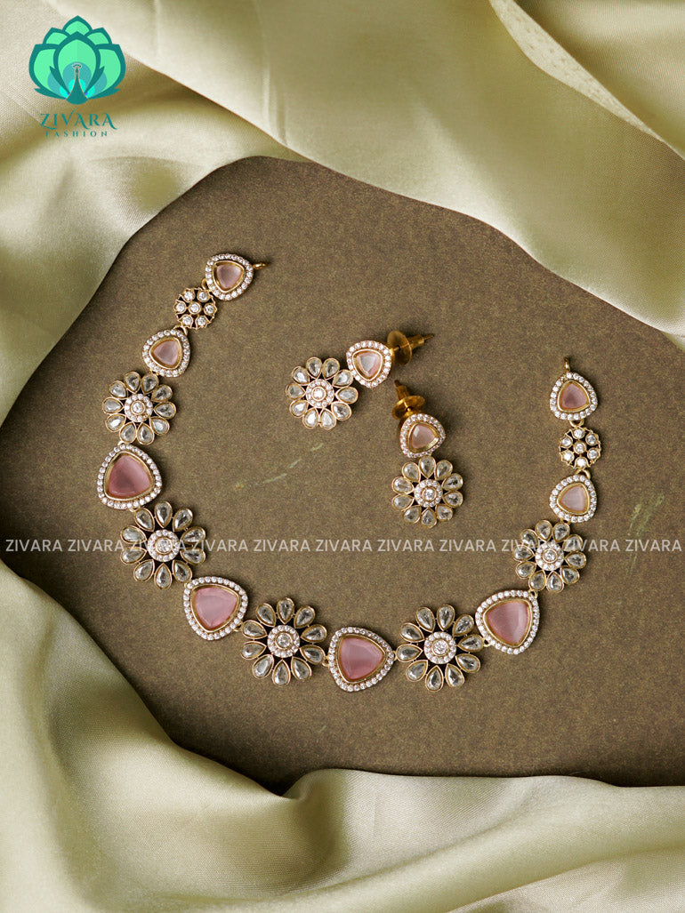 pastel pink  -Flower and triangle - stylish and minimal elegant neckwear with earrings- Zivara Fashion