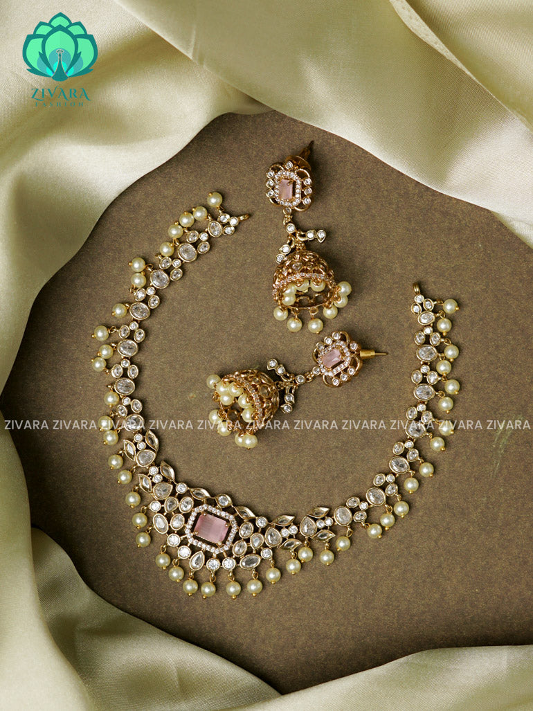 PATEL PINK - MEDIUM SIZE UNCUT POLKI  - stylish and minimal elegant neckwear with earrings- Zivara Fashion