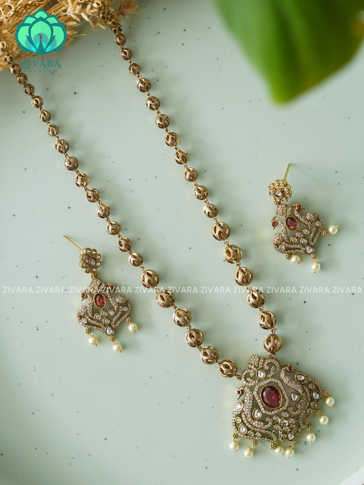RUBY LONG  neckwear with earrings- CZ Matte Finish- Zivara Fashion