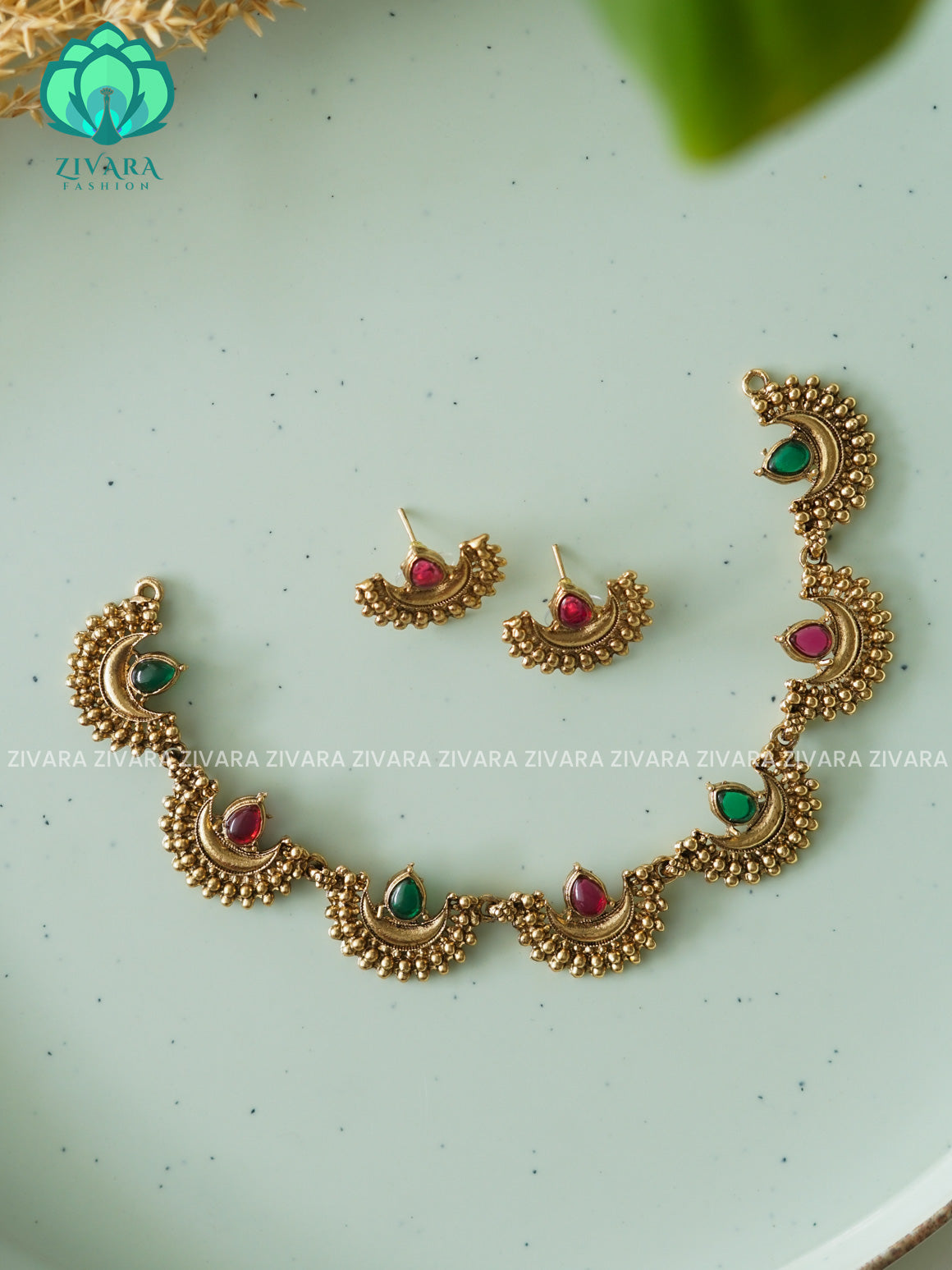 MOON NECKLACE - Traditional south indian NORMAL MATTE neckwear with earrings- Zivara Fashion- latest jewellery design.