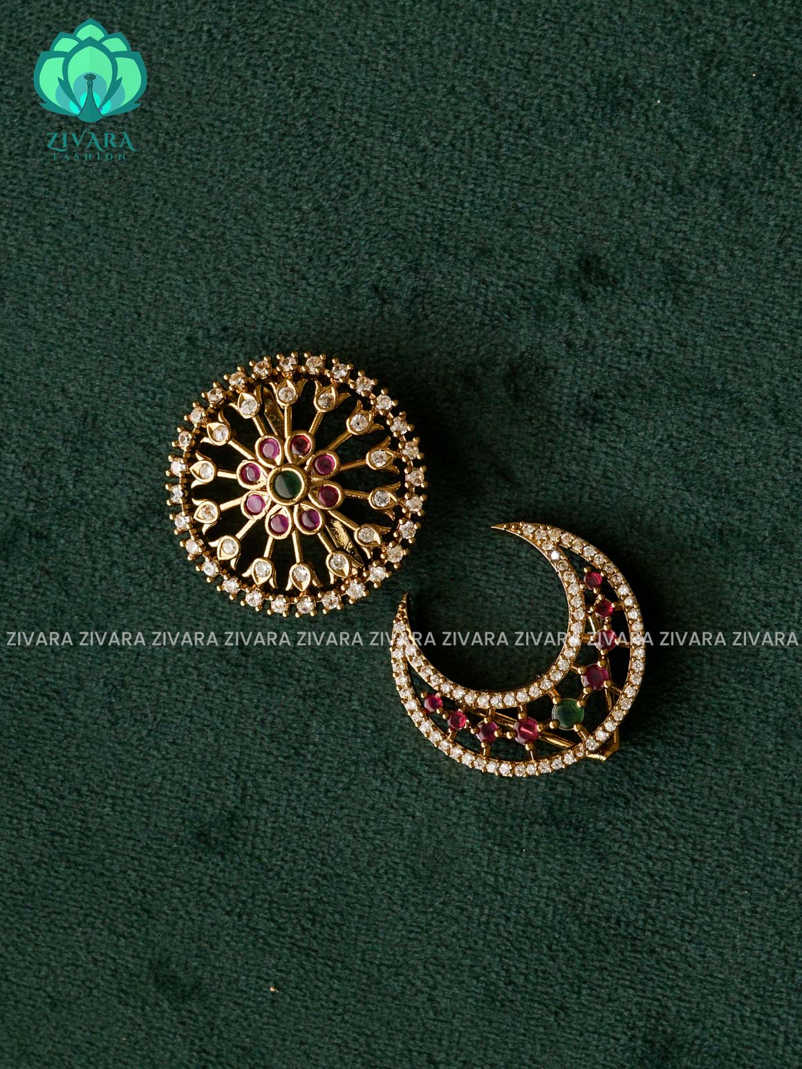 RUBY and GREEN -SUN MOON - SURYA CHANDRA - TRADITIONAL(1.5 INCHES) REAL KEMP  HAIR ACCESSORIES- ZIVARA FASHION