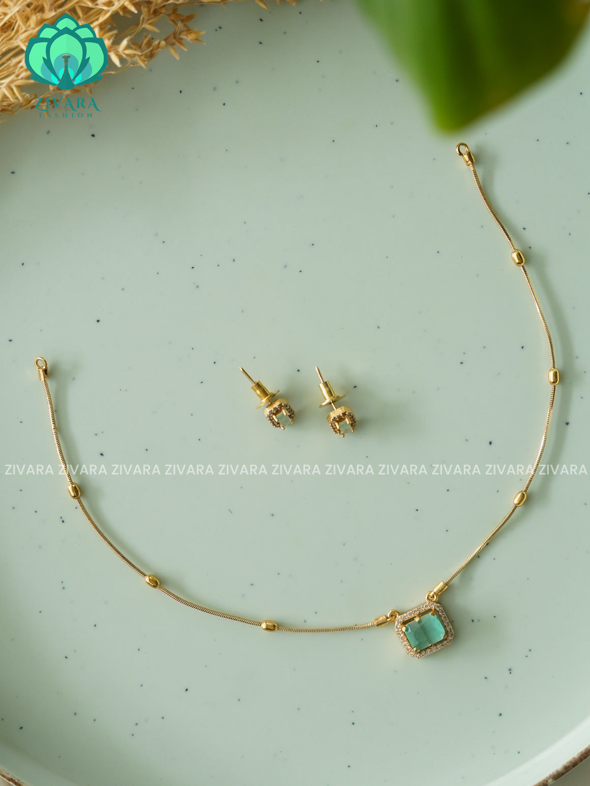 PASTEL GREEN THIN SIMPLE CHAIN - Traditional south indian premium neckwear with earrings- Zivara Fashion- latest jewellery desigN