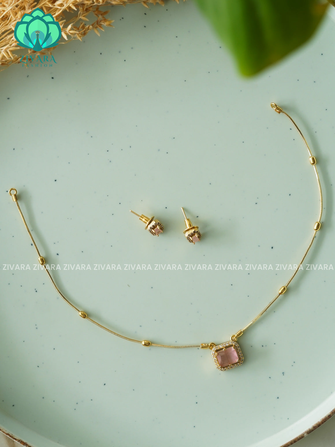 PASTEL PINK THIN SIMPLE CHAIN - Traditional south indian premium neckwear with earrings- Zivara Fashion- latest jewellery desigN