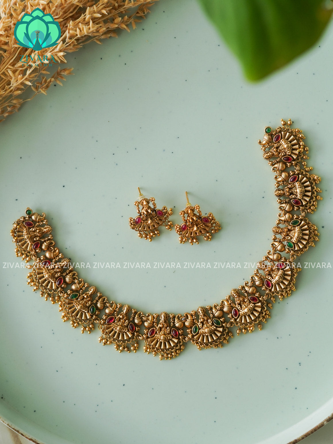 RUBY TEMPLE LAKSHMI - Traditional south indian NORMAL MATTE neckwear with earrings- Zivara Fashion- latest jewellery design.
