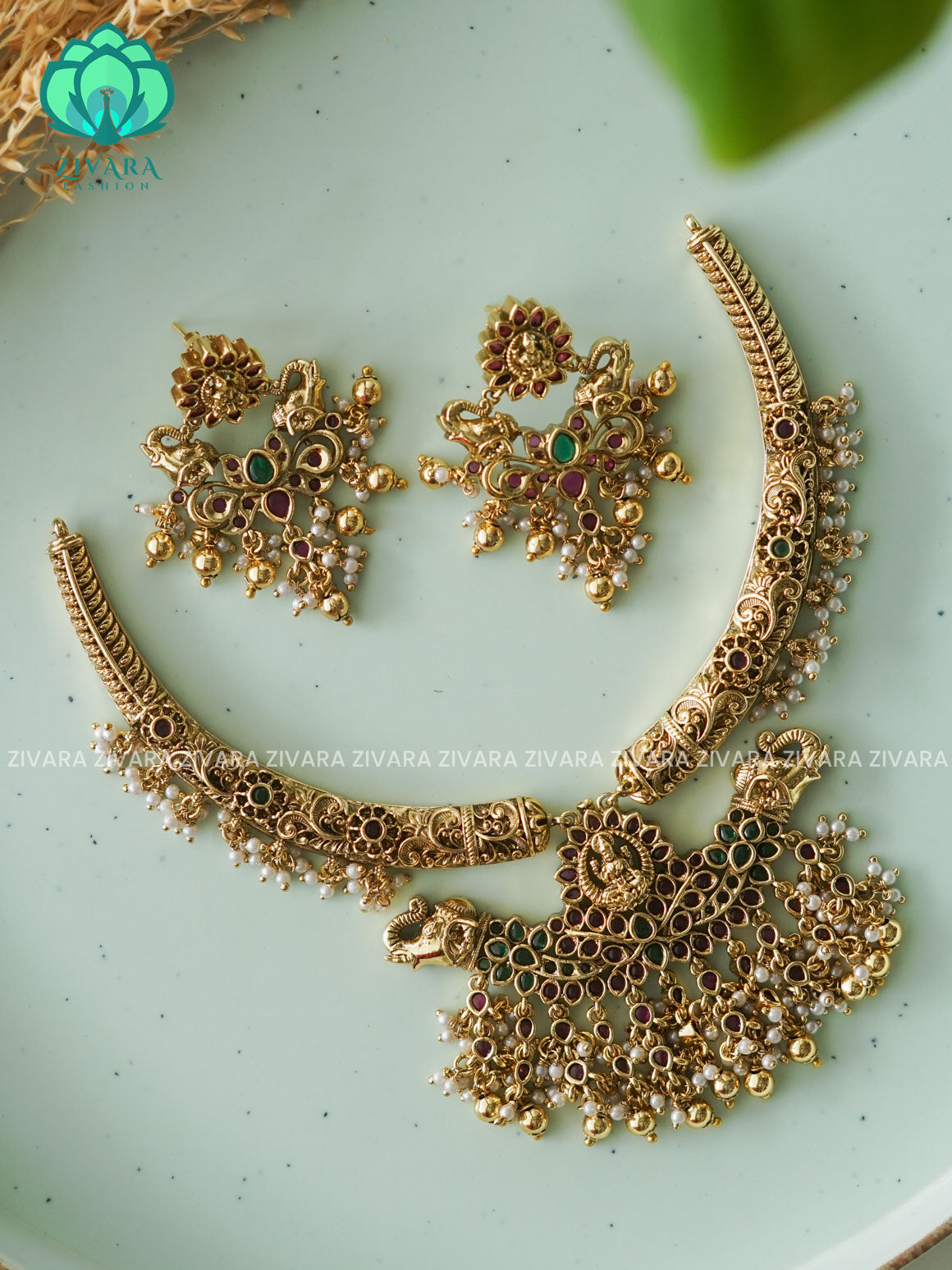 GOLD BEADS TEMPLE hasli NECK WEAR WITh EARRINGS   - Premium quality CZ Matte collection-south indian jewellery