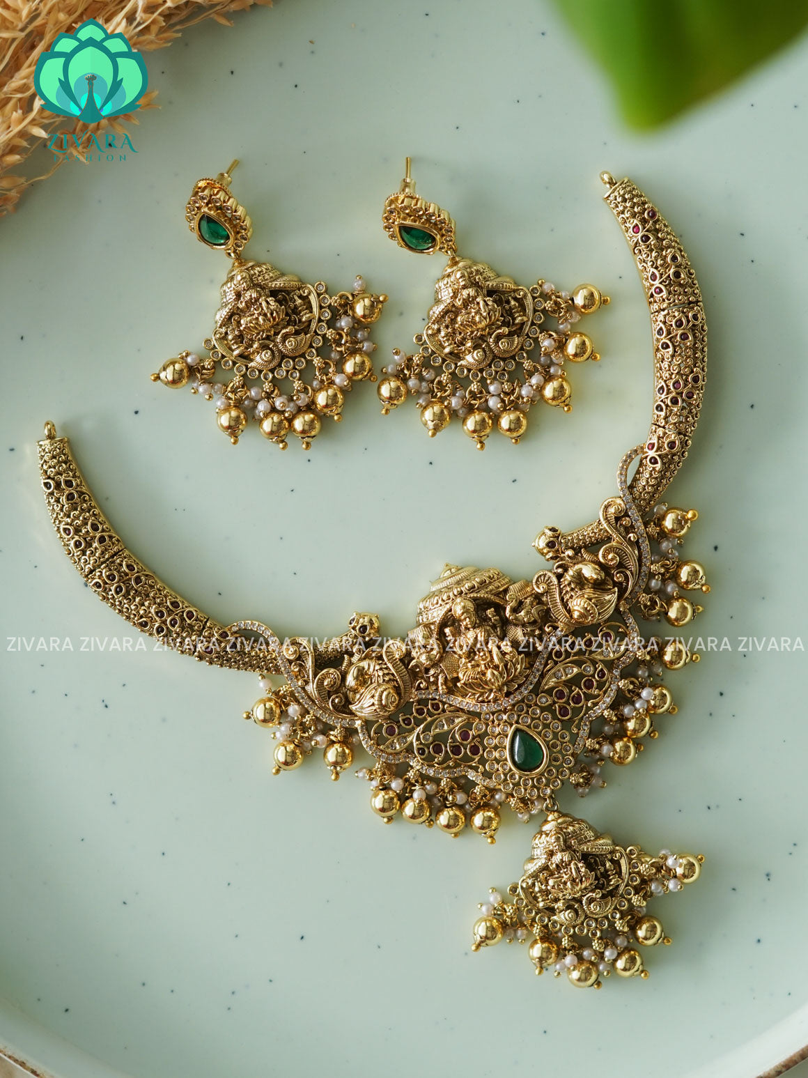GOLD BEADS TEMPLE hasli NECK WEAR WITh EARRINGS   - Premium quality CZ Matte collection-south indian jewellery