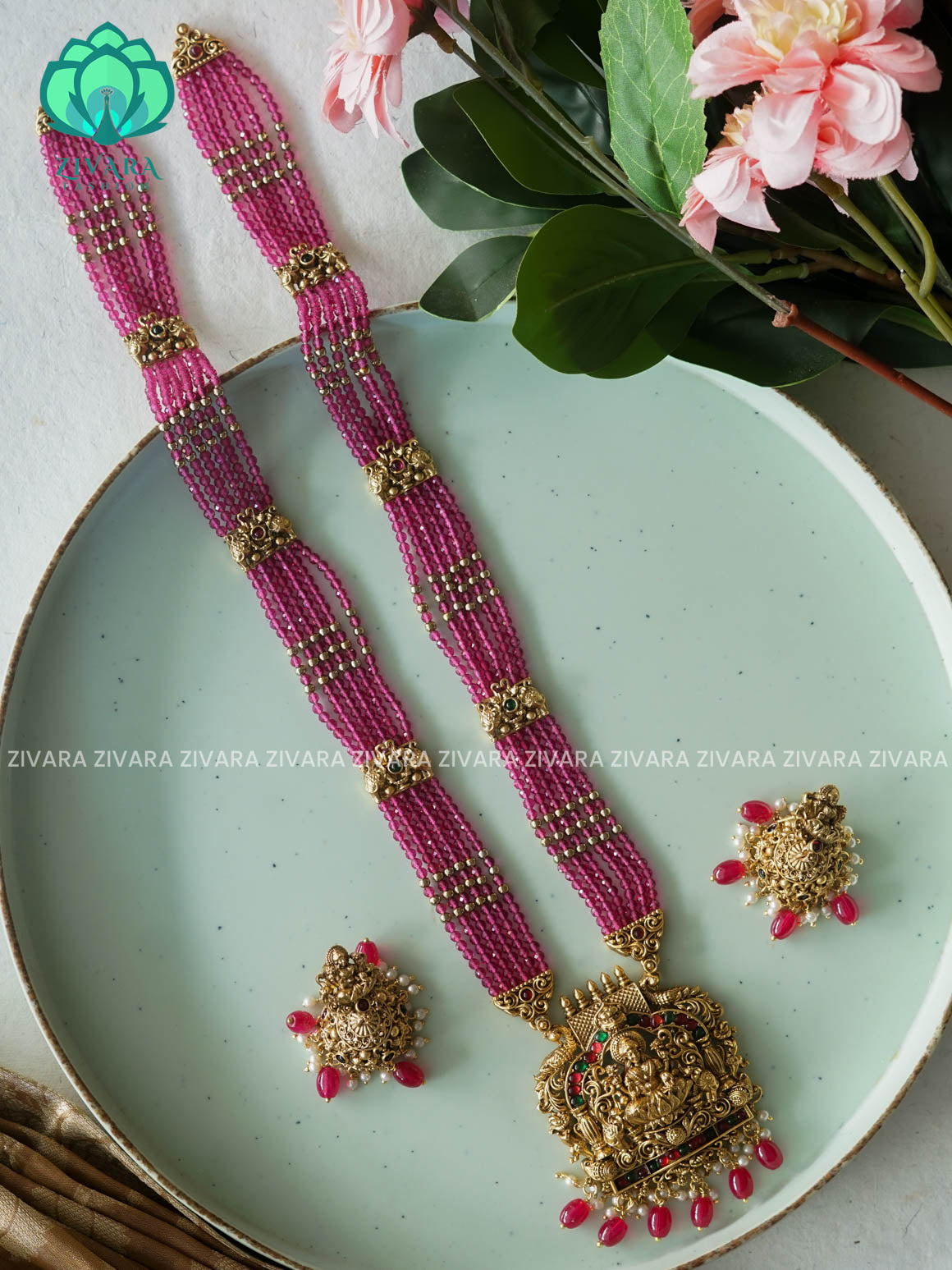 RUBY beads haaram MIDCHEST  neckwear with earrings- normal Matte Finish- Zivara Fashion