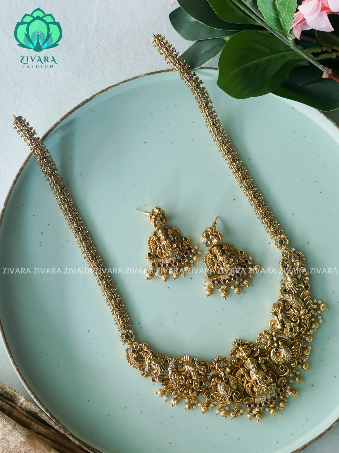 TEMPLE BRIDAL - Traditional PREMIUM MATTE polish MIDCHEST haaram/neckwear with earrings- Zivara Fashion
