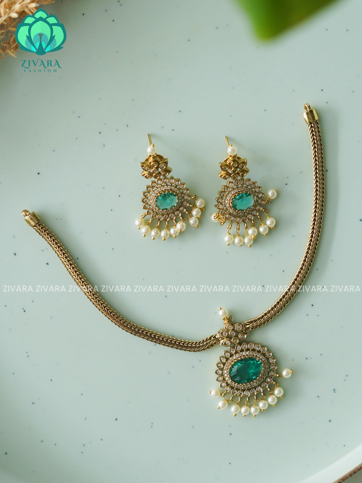 TURQUOISE BLUE - Flexible chain OVAL   pendant -Traditional south indian premium neckwear with earrings- Zivara Fashion- latest jewellery design