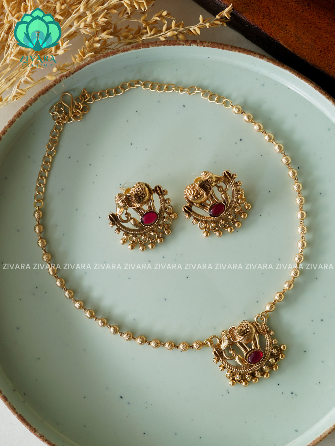 Elephant ball chain - Traditional south indian NORMAL MATTE neckwear with earrings- Zivara Fashion- latest jewellery desigN