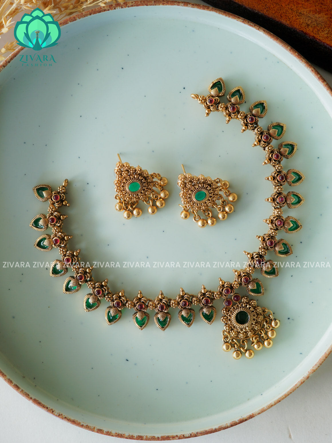 ANANYA SERIES - GREEN PALAKKA Flexible- Traditional south indian NORMAL MATTE neckwear with earrings - Zivara Fashion