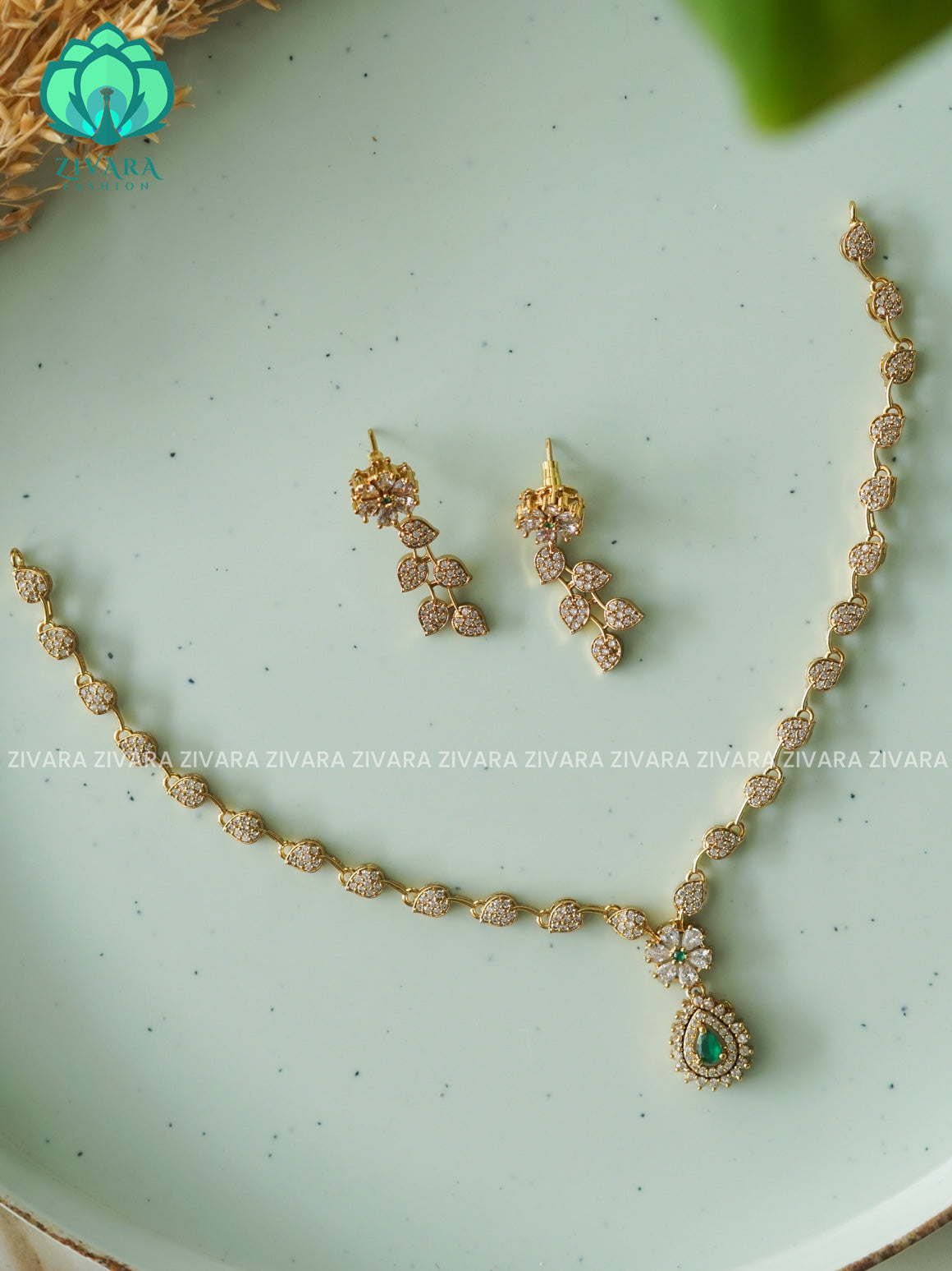 GREEN SIMPLE LEAFY AND TEAR PENDANT- stylish and minimal elegant neckwear with earrings- Zivara FashioN