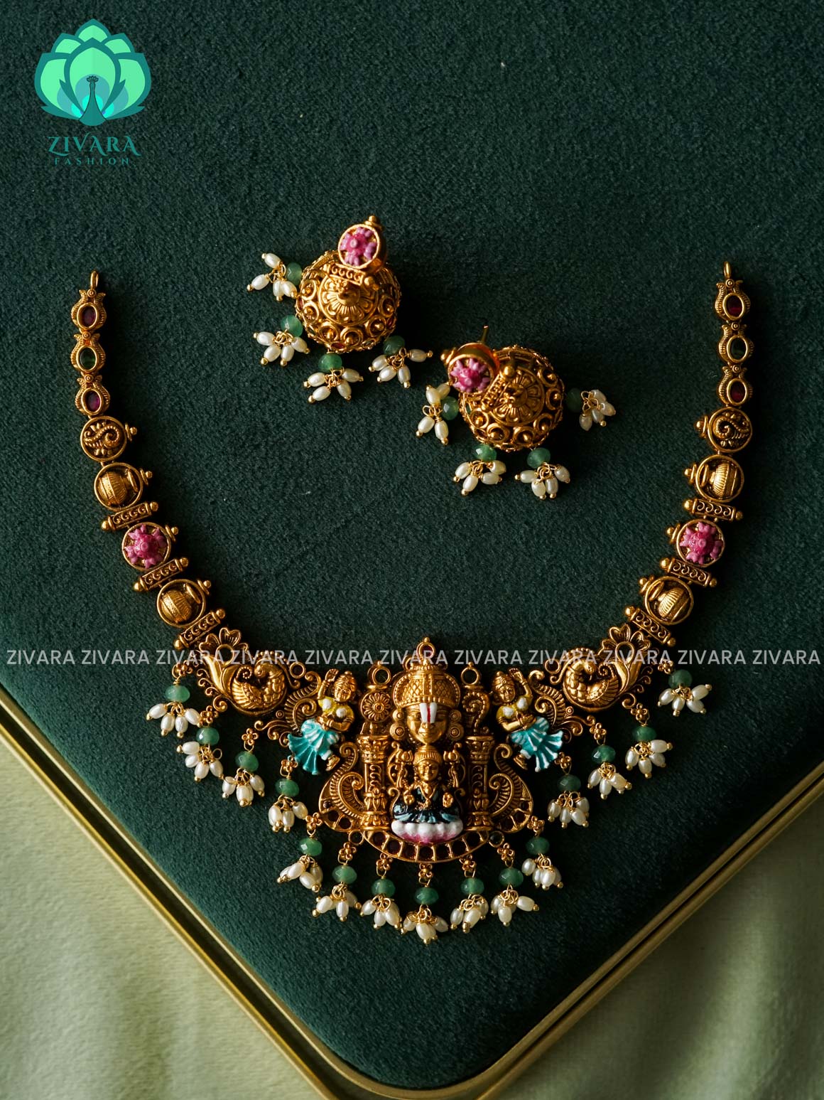 MADHURYA -  TIRUMAL GRAND BRIDAL VINTAGE FINISH  handpainted - Traditional south indian premium neckwear with earrings- Zivara Fashion- latest jewellery design