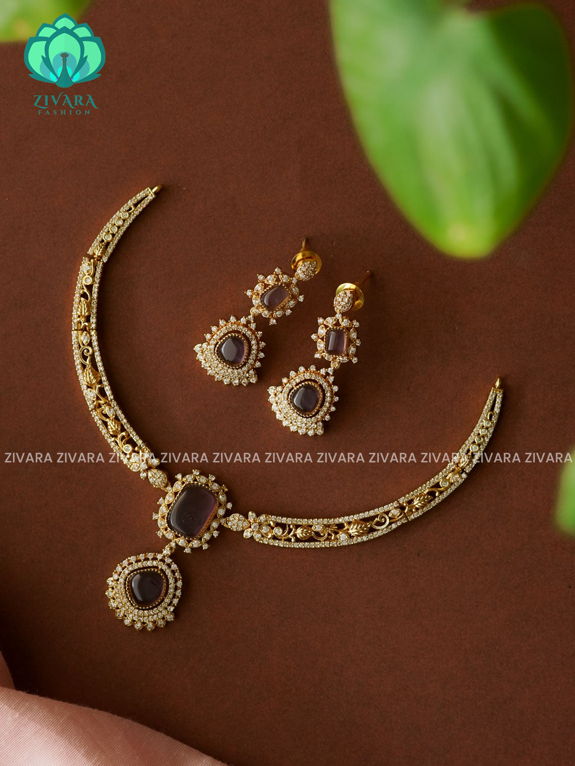 PURPLE Cute pendant  hasli NECK WEAR WITh EARRINGS   - Premium quality CZ Matte collection-south indian jewellery