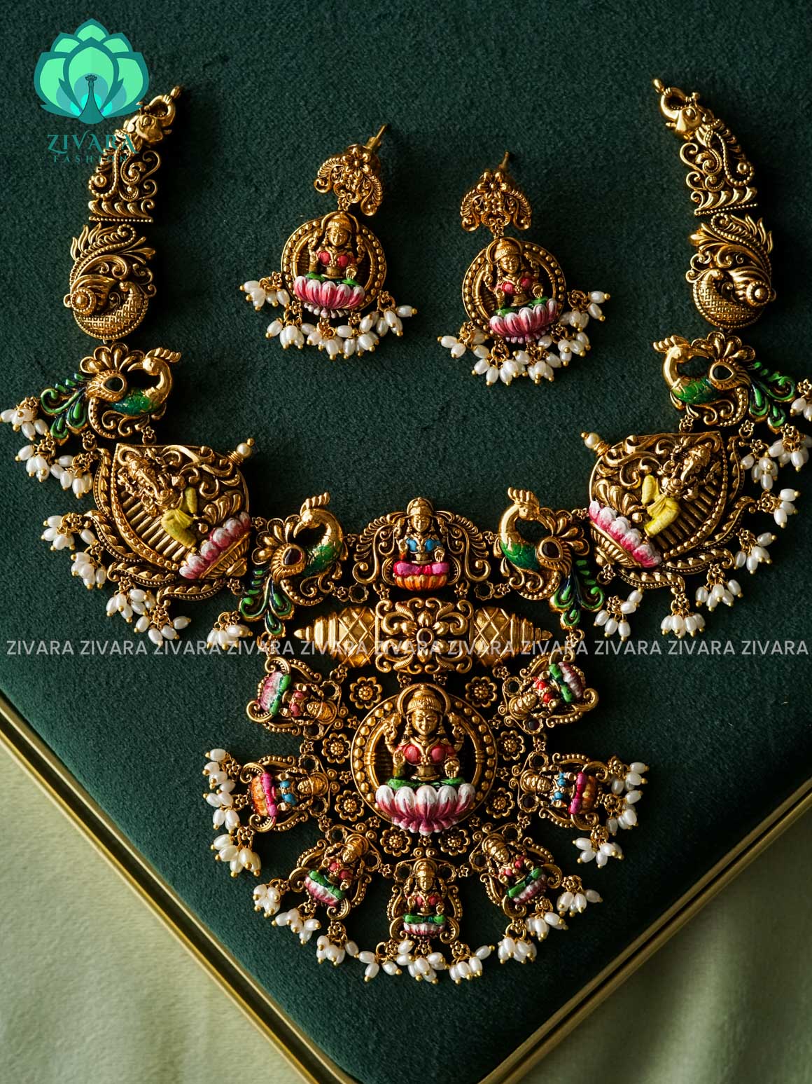 MADHURYA - LAKSHMI WITH GANAPATHI GRAND BRIDAL VINTAGE FINISH  handpainted - Traditional south indian premium neckwear with earrings- Zivara Fashion- latest jewellery design