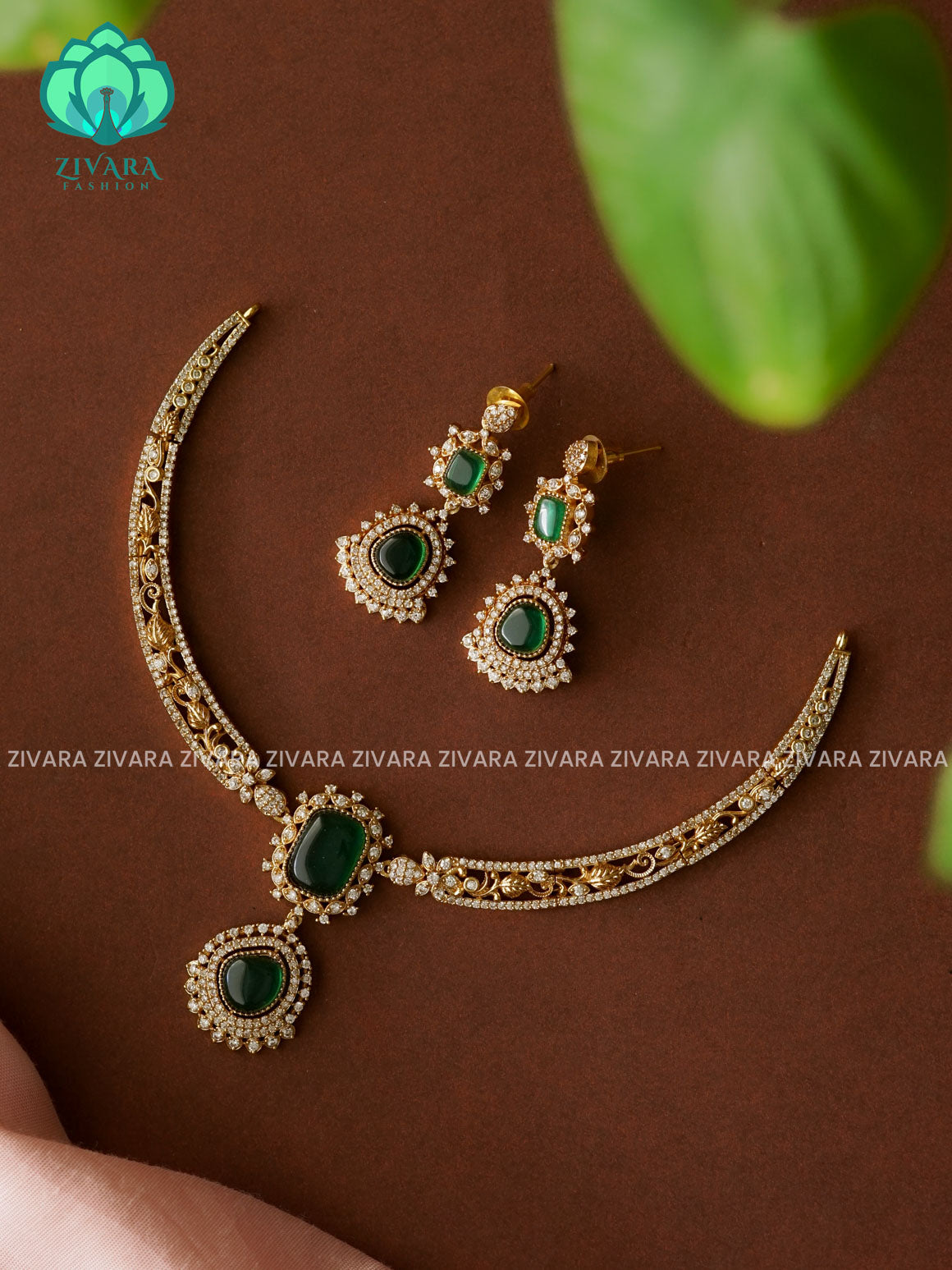 GREEN Cute pendant  hasli NECK WEAR WITh EARRINGS   - Premium quality CZ Matte collection-south indian jewellery