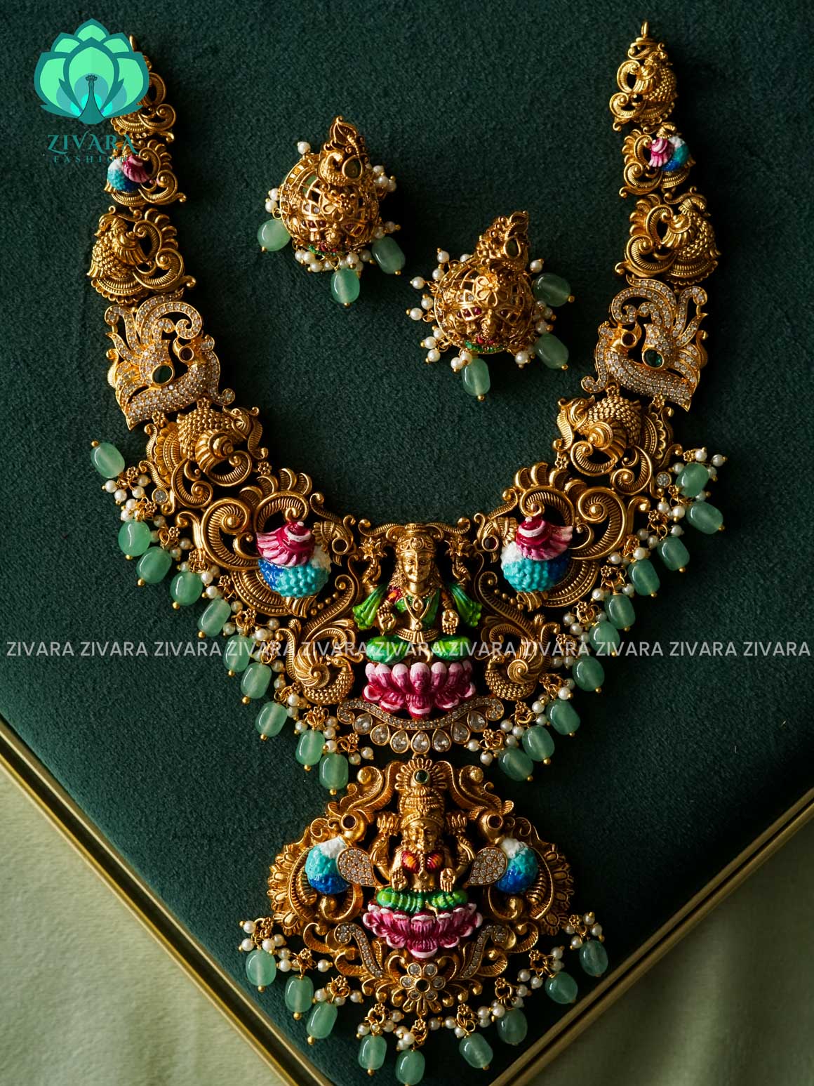 MADHURYA - LAKSHMI WITH GREEN BEADS GRAND BRIDAL VINTAGE FINISH  handpainted - Traditional south indian premium neckwear with earrings- Zivara Fashion- latest jewellery design