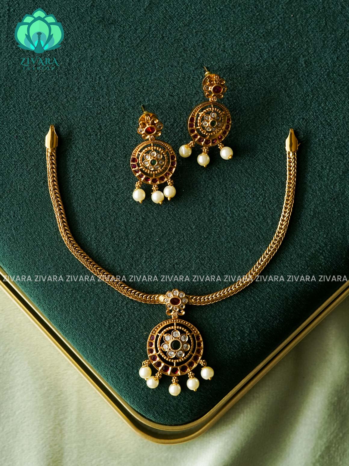 FLOWER PENDANT  - FLEXIBLE CHAIN WITH HANGINGS -Traditional south indian premium neckwear with earrings- Zivara Fashion- latest jewellery design