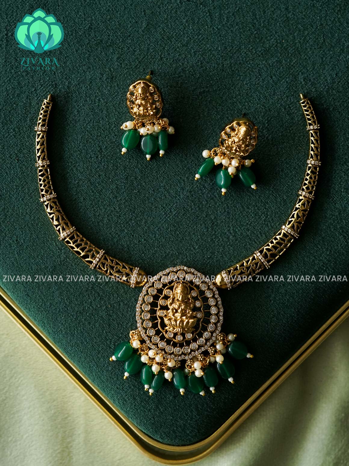 GREEN BEADS - TEMPLE - Ultra premium SUBTLE GOLD  finish polish trending neckwear collection- bridal collection- Zivara Fashion