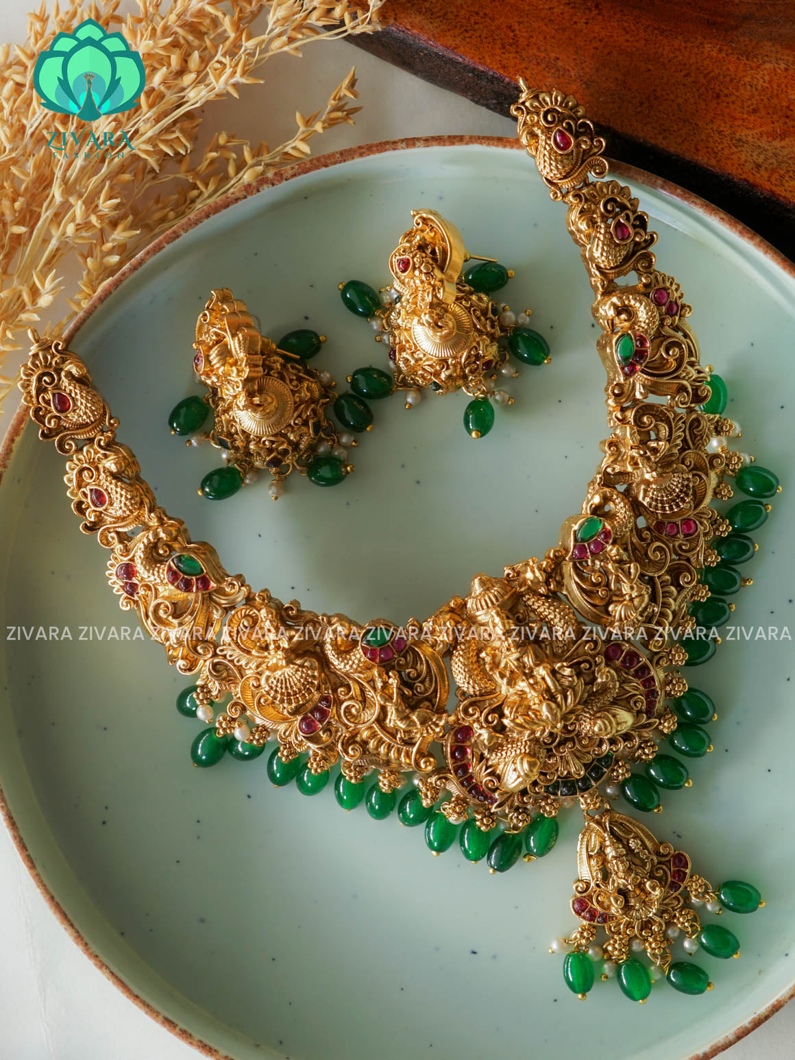 TEMPLE HEAVY BRIDAL    - Traditional south indian NORMAL MATTE neckwear with earrings- Zivara Fashion- latest jewellery design