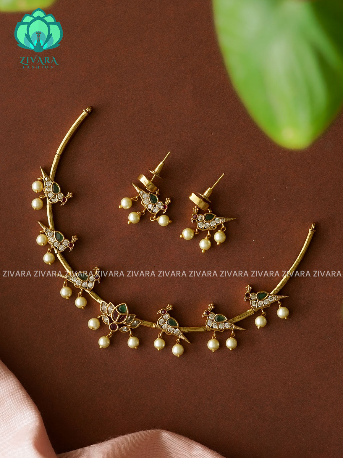 PEARL  beads lotus hasli   -Traditional south indian premium neckwear with earrings- Zivara Fashion- latest jewellery design.