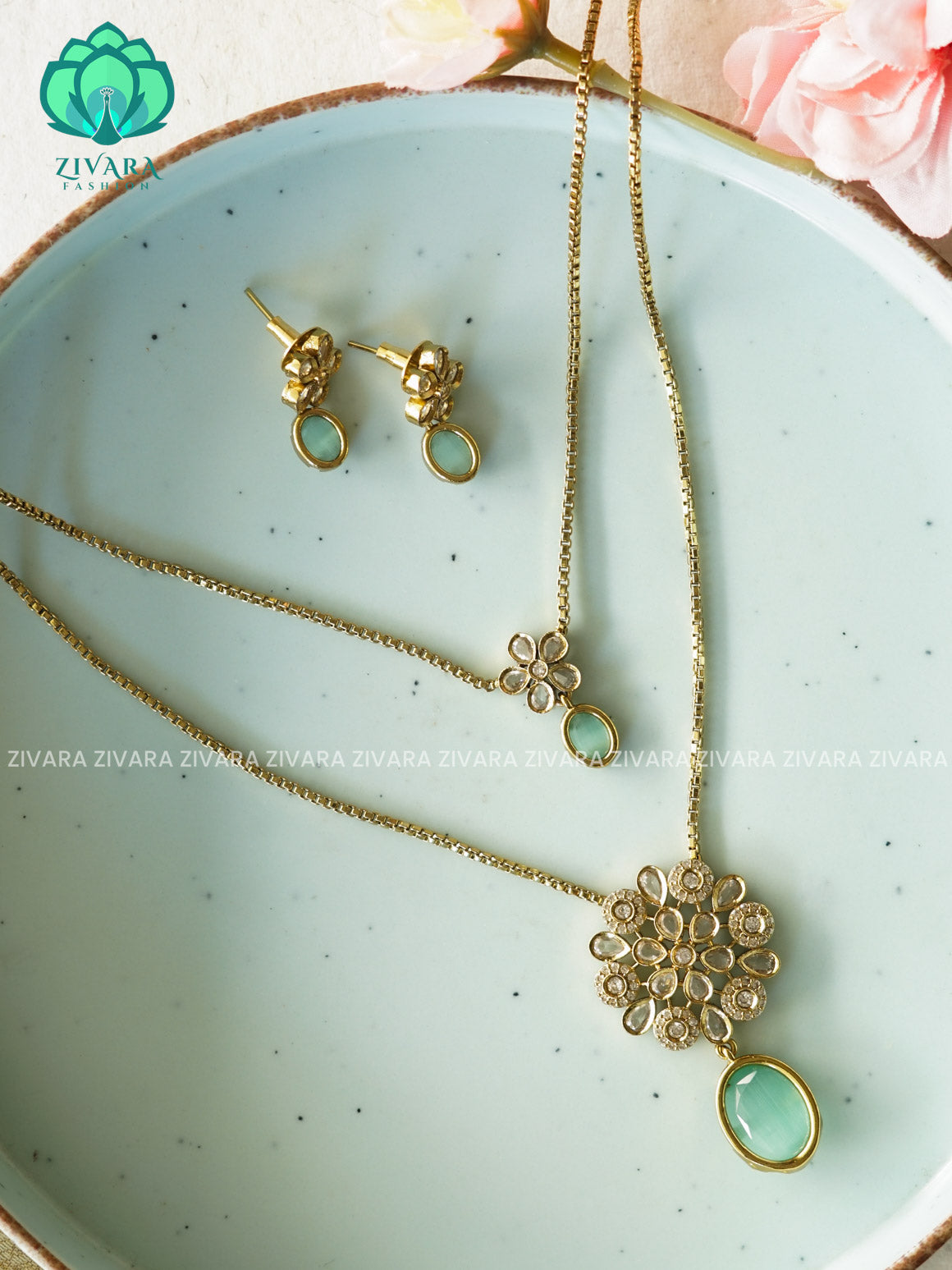 PASTEL GREEN - DOUBLE LAYER FLOWER THIN OVAL CHAIN  -Traditional south indian premium neckwear with earrings- Zivara Fashion- latest jewellery design