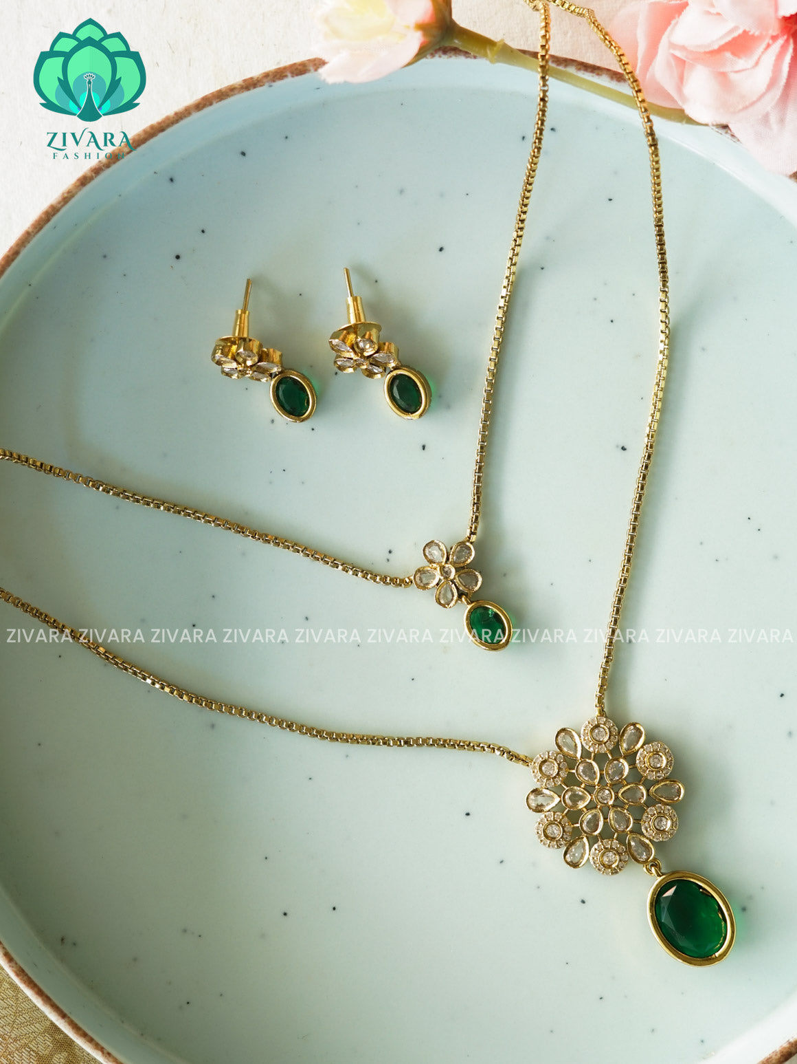 GREEN - DOUBLE LAYER FLOWER THIN OVAL CHAIN  -Traditional south indian premium neckwear with earrings- Zivara Fashion- latest jewellery design