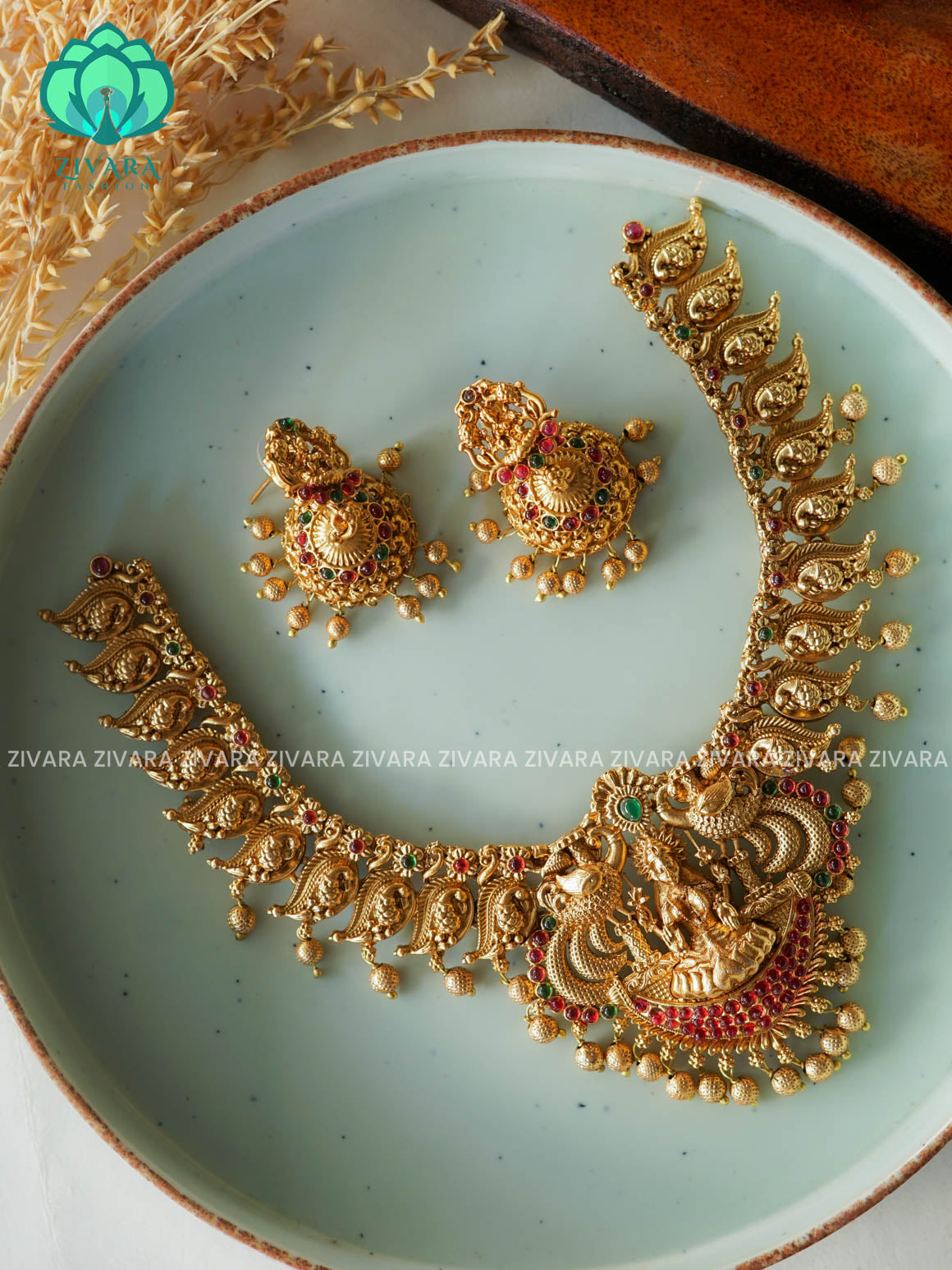 TEMPLE HEAVY BRIDAL    - Traditional south indian NORMAL MATTE neckwear with earrings- Zivara Fashion- latest jewellery design