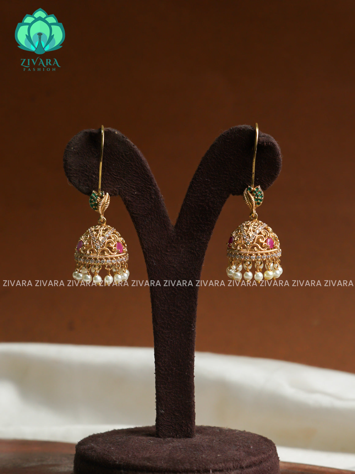 RUBY  AND GREEN stone hook type - TRADITIONAL PREMIUM MATTE  polish JHUMKA- latest jewellery collection- zivara fashion