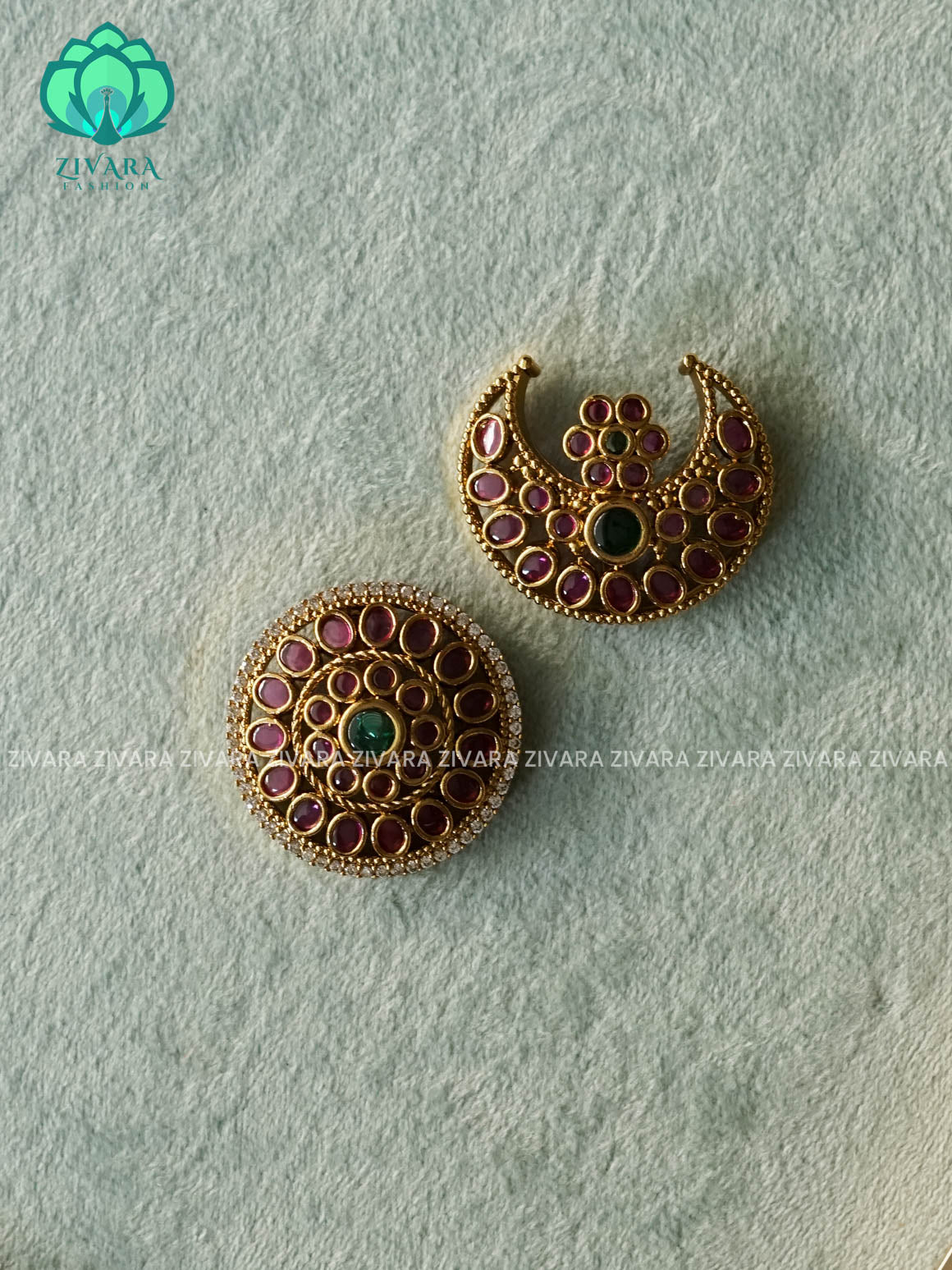 RUBY and GREEN -SUN MOON - SURYA CHANDRA - TRADITIONAL(2 INCHES) REAL KEMP  HAIR ACCESSORIES- ZIVARA FASHION