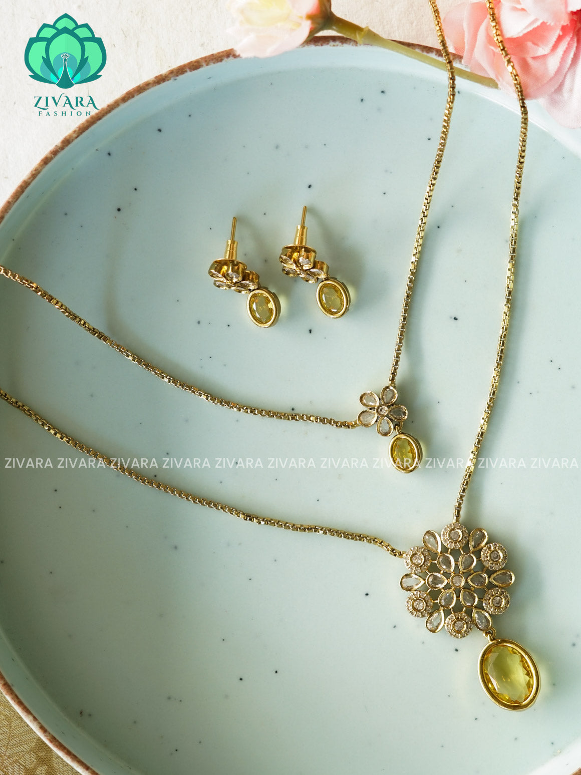 YELLOW - DOUBLE LAYER FLOWER THIN OVAL CHAIN  -Traditional south indian premium neckwear with earrings- Zivara Fashion- latest jewellery design